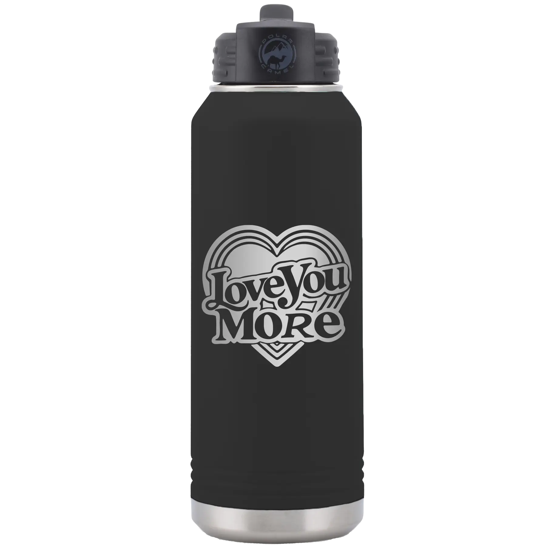 Laser etched black 32 oz vacuum insulated water bottle with 'Love You More Retro' design