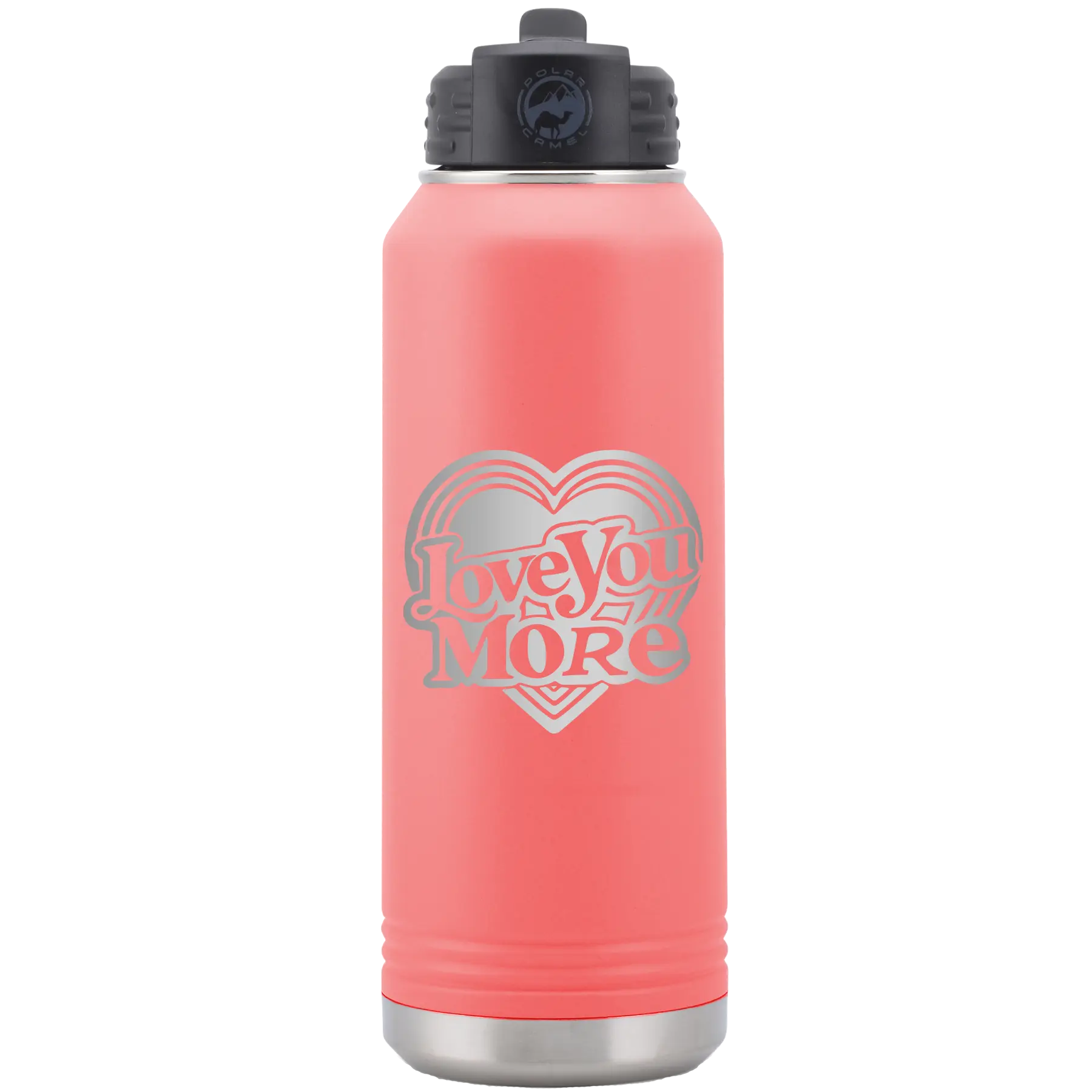 Laser etched coral 32 oz vacuum insulated water bottle with 'Love You More Retro' design