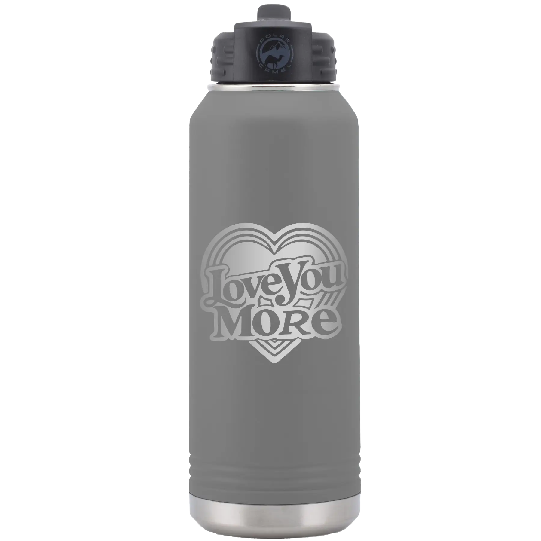 Laser etched dark gray 32 oz vacuum insulated water bottle with 'Love You More Retro' design