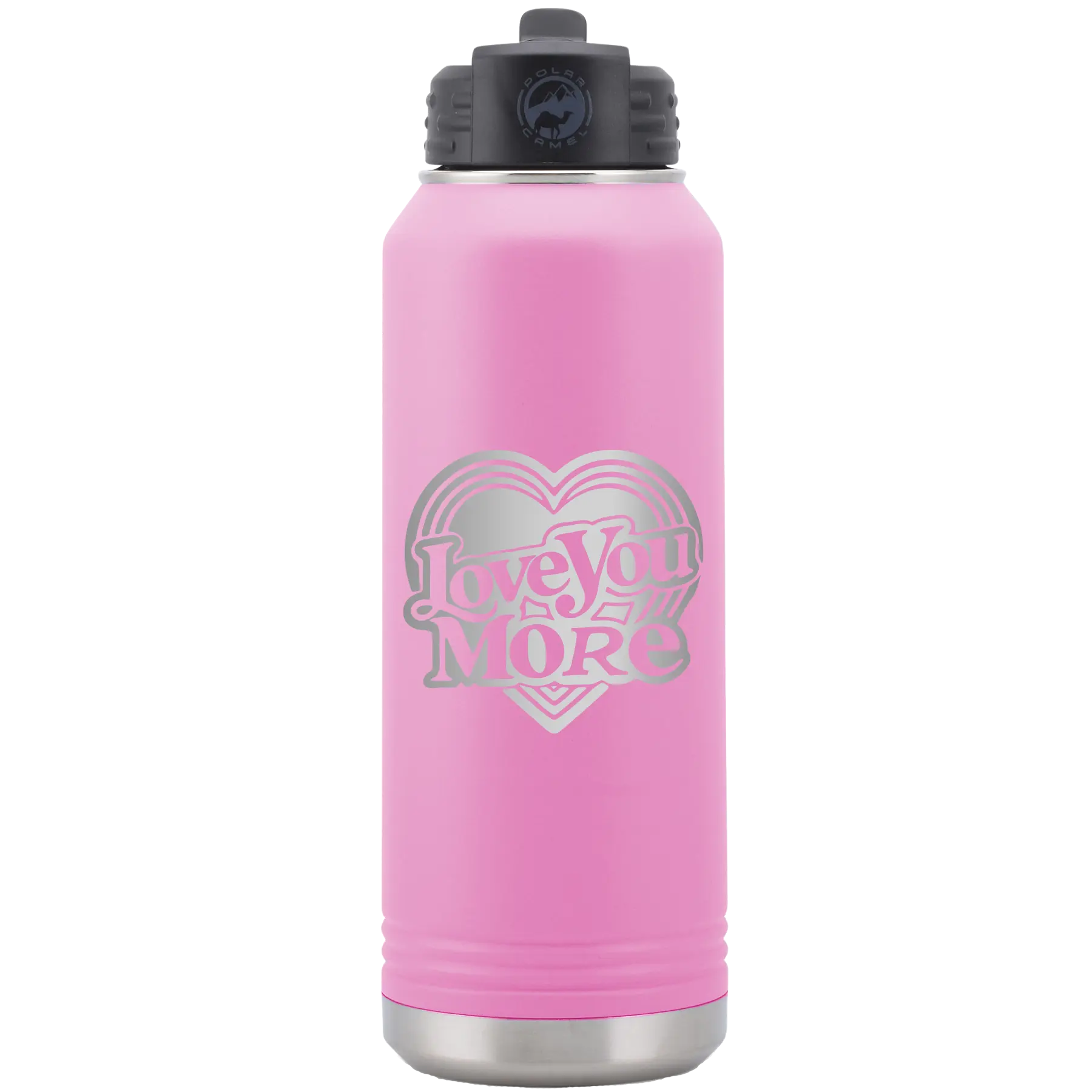 Laser etched light purple 32 oz vacuum insulated water bottle with 'Love You More Retro' design