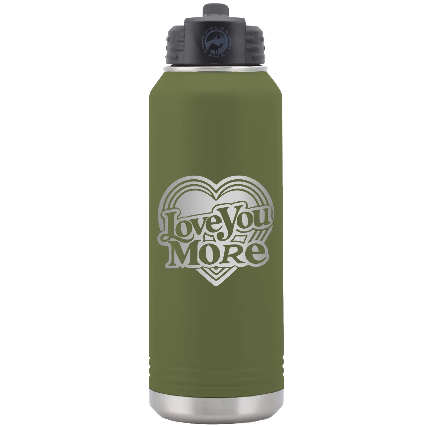 Laser etched olive green 32 oz vacuum insulated water bottle with 'Love You More Retro' design