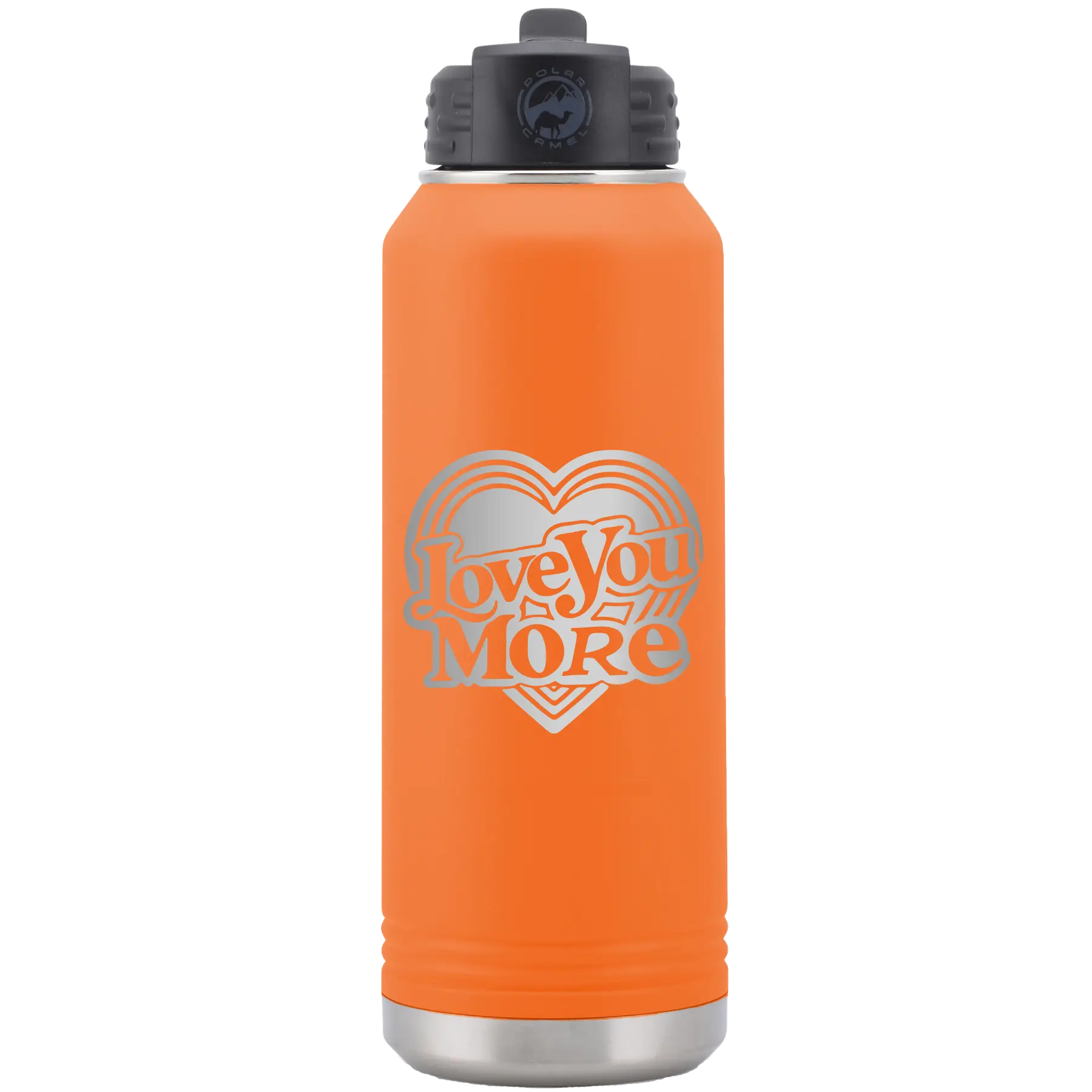 Laser etched orange 32 oz vacuum insulated water bottle with 'Love You More Retro' design