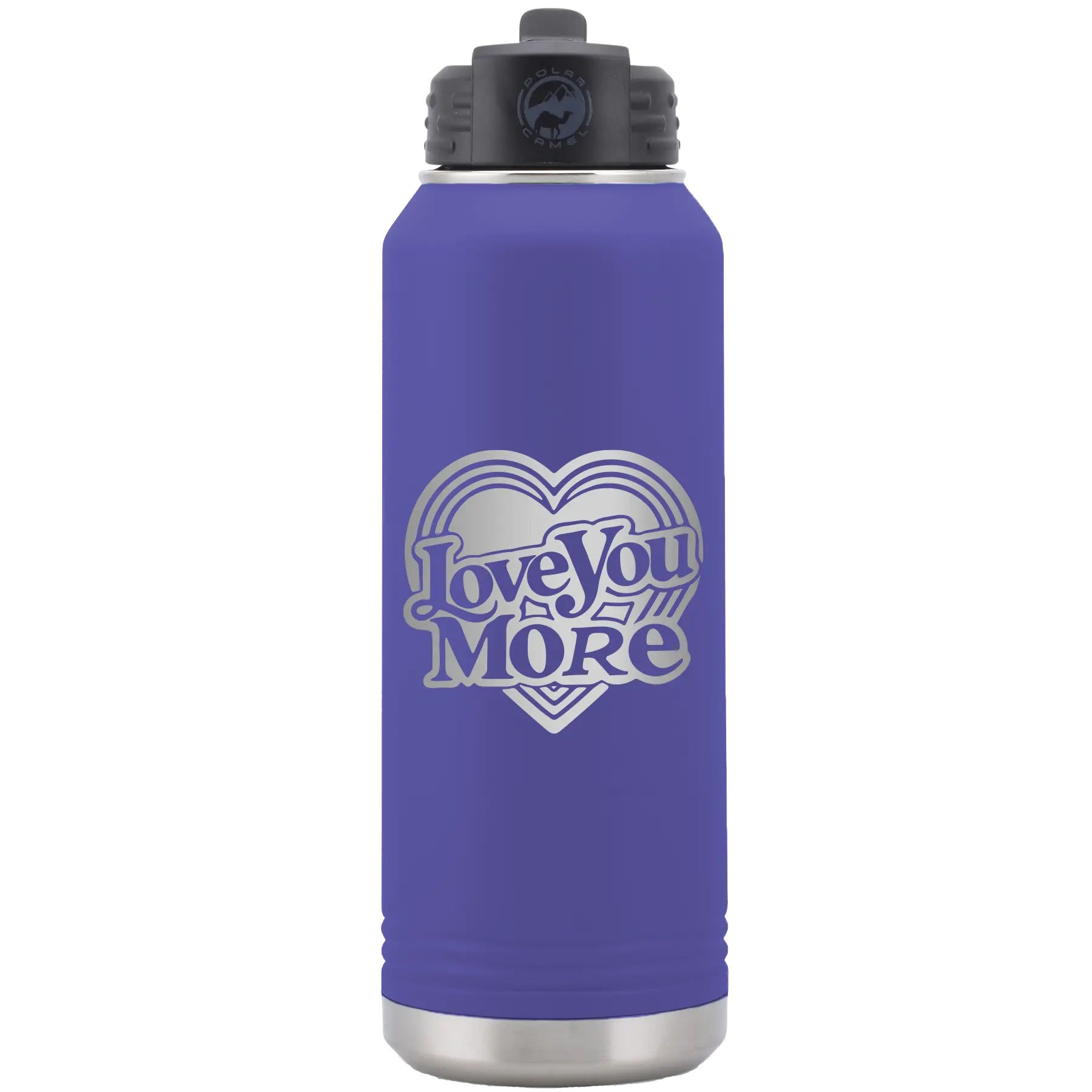 Laser etched purple 32 oz vacuum insulated water bottle with 'Love You More Retro' design