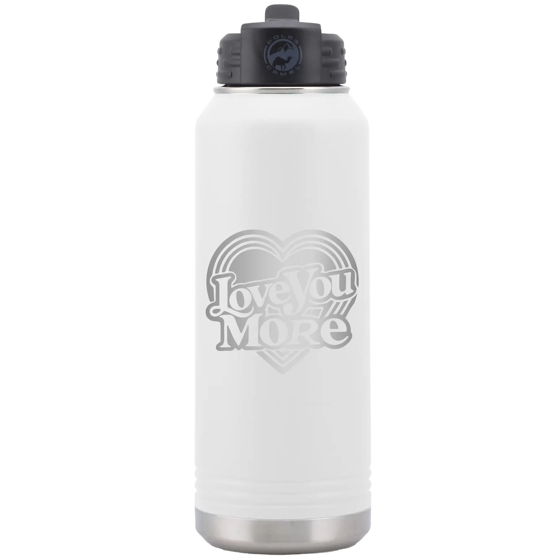 Laser etched white 32 oz vacuum insulated water bottle with 'Love You More Retro' design