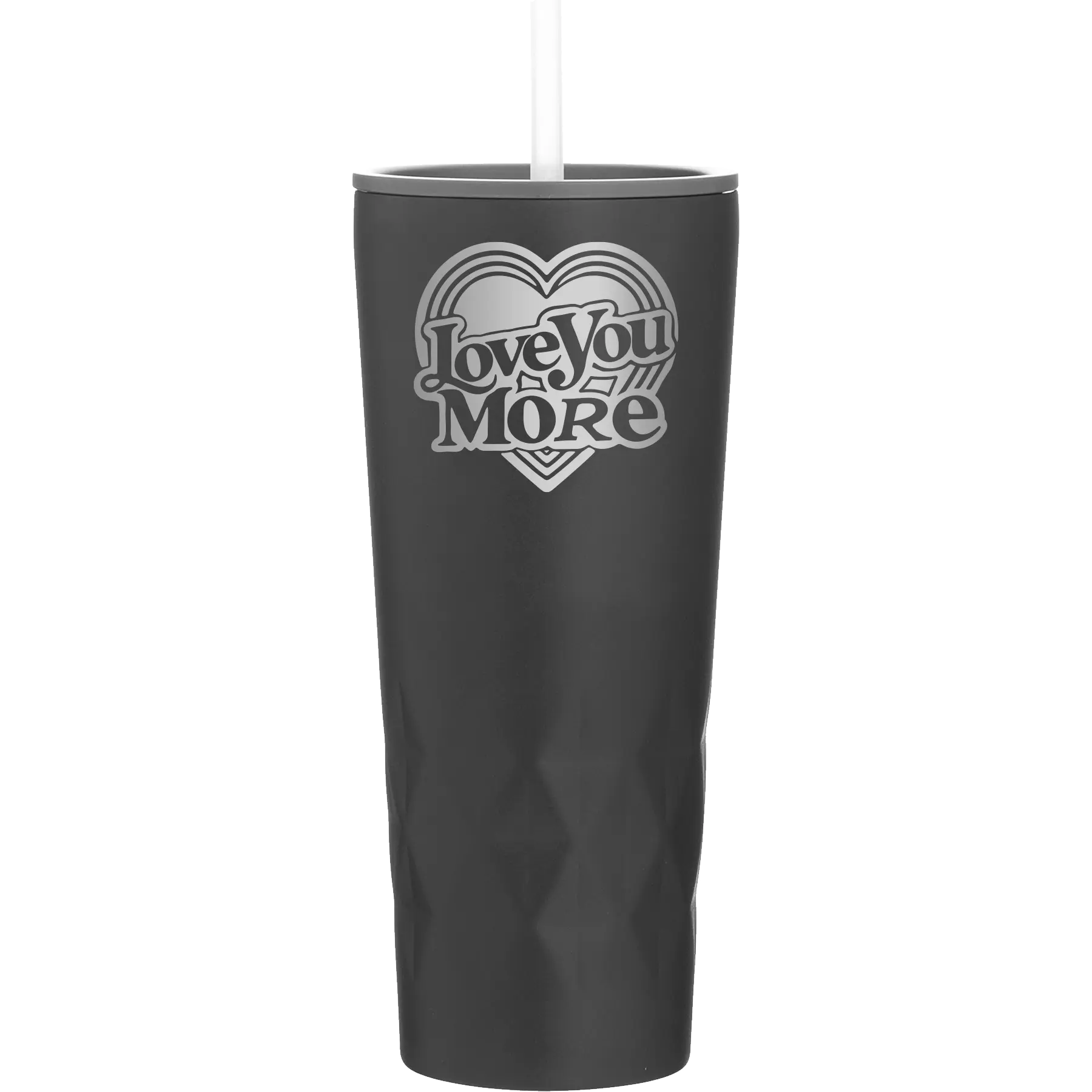 Laser etched black 20 oz vacuum insulated tumbler with 'Love You More Retro' design