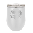 Laser etched white 12 oz vacuum insulated wine cup with 'Love You More Retro' design
