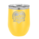 Laser etched yellow 12 oz vacuum insulated wine cup with 'Love You More Retro' design