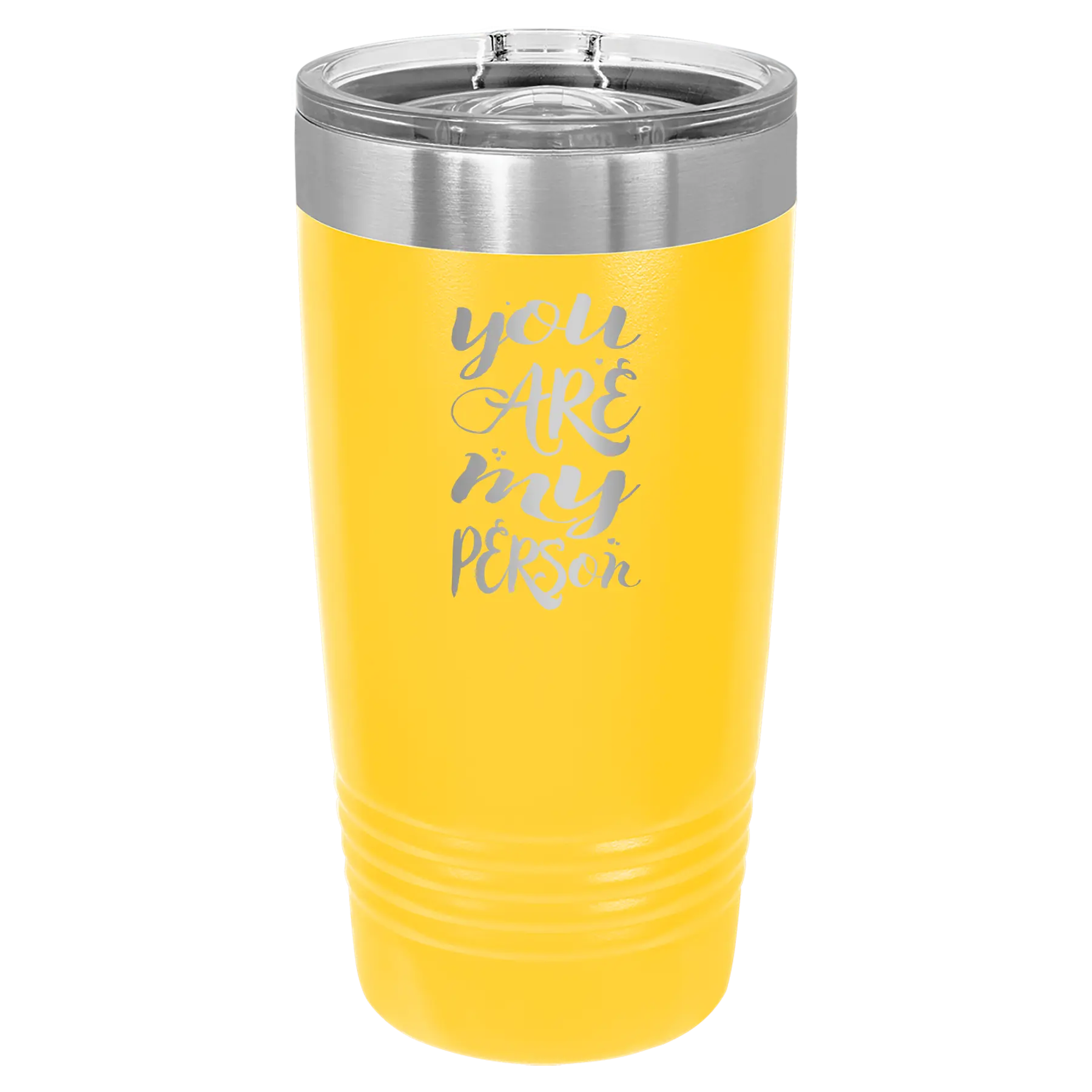 Laser etched yellow 20 oz vacuum insulated tumbler with 'You are my Person' design