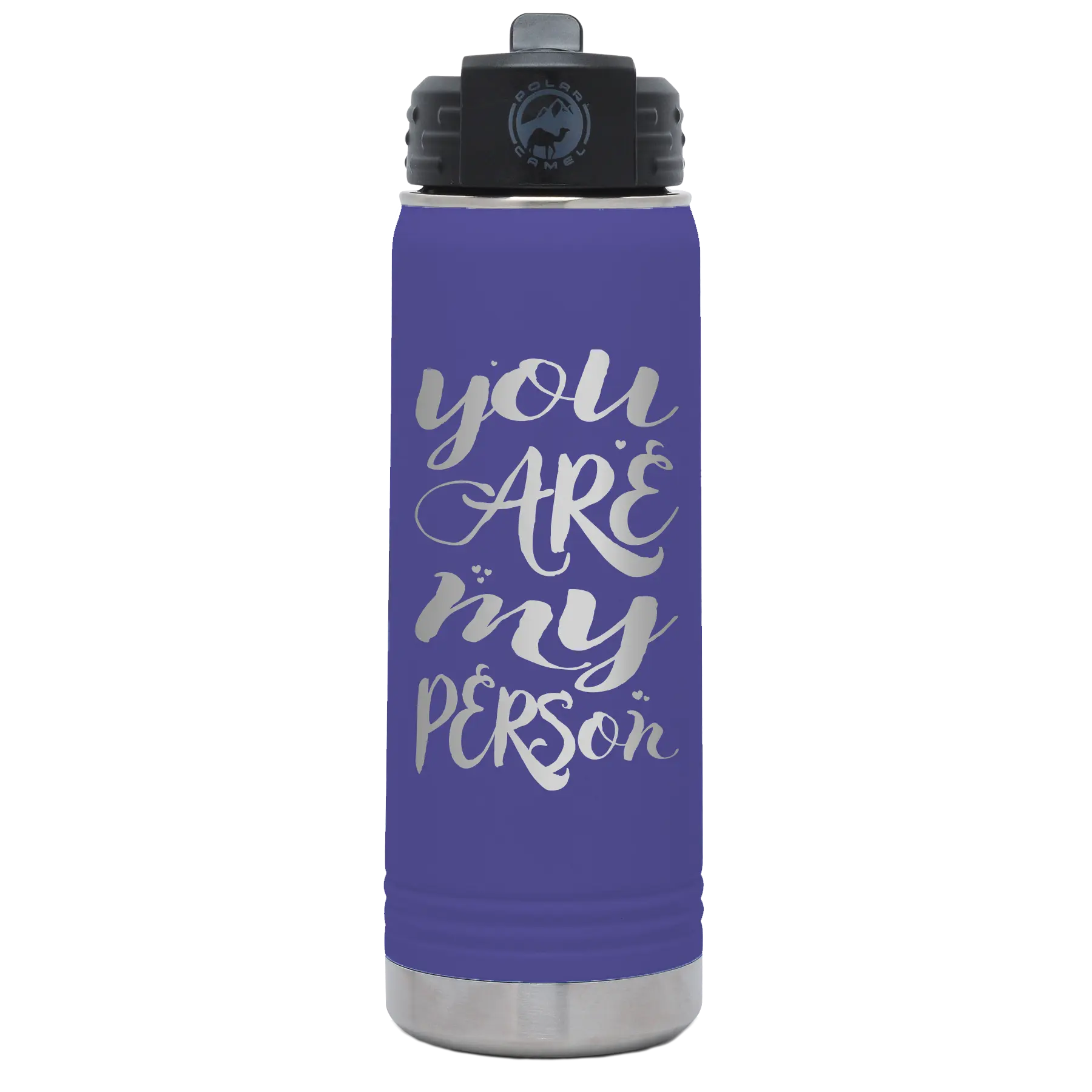 Laser etched purple 20 oz vacuum insulated water bottle with 'You are my Person' design