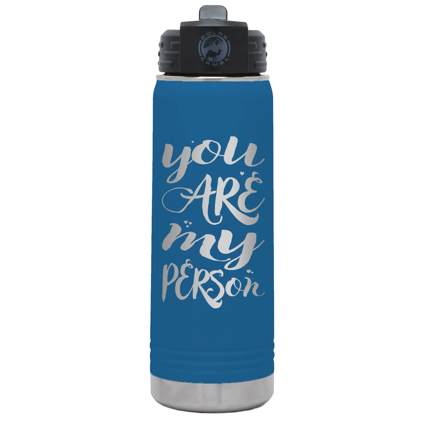 Laser etched royal blue 20 oz vacuum insulated water bottle with 'You are my Person' design