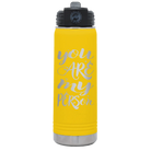 Laser etched yellow 20 oz vacuum insulated water bottle with 'You are my Person' design