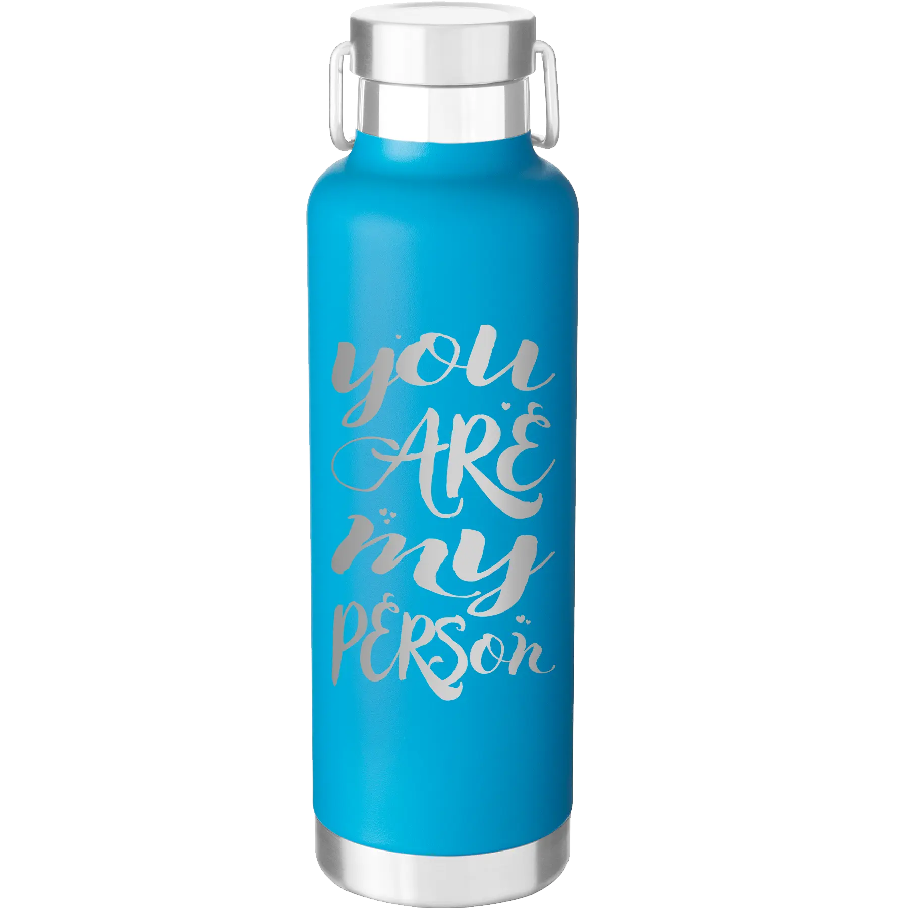 Laser etched aqua 24 oz vacuum insulated water bottle with 'You are my Person' design