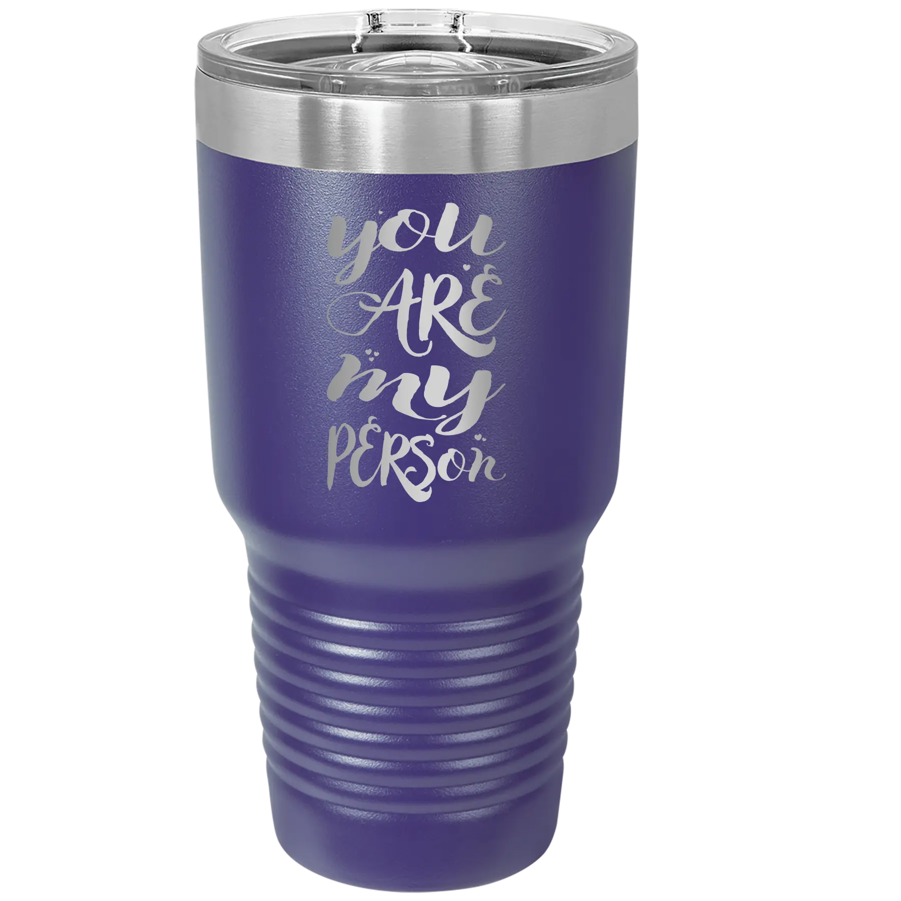 Laser etched purple 30 oz vacuum insulated tumbler with 'You are my Person' design