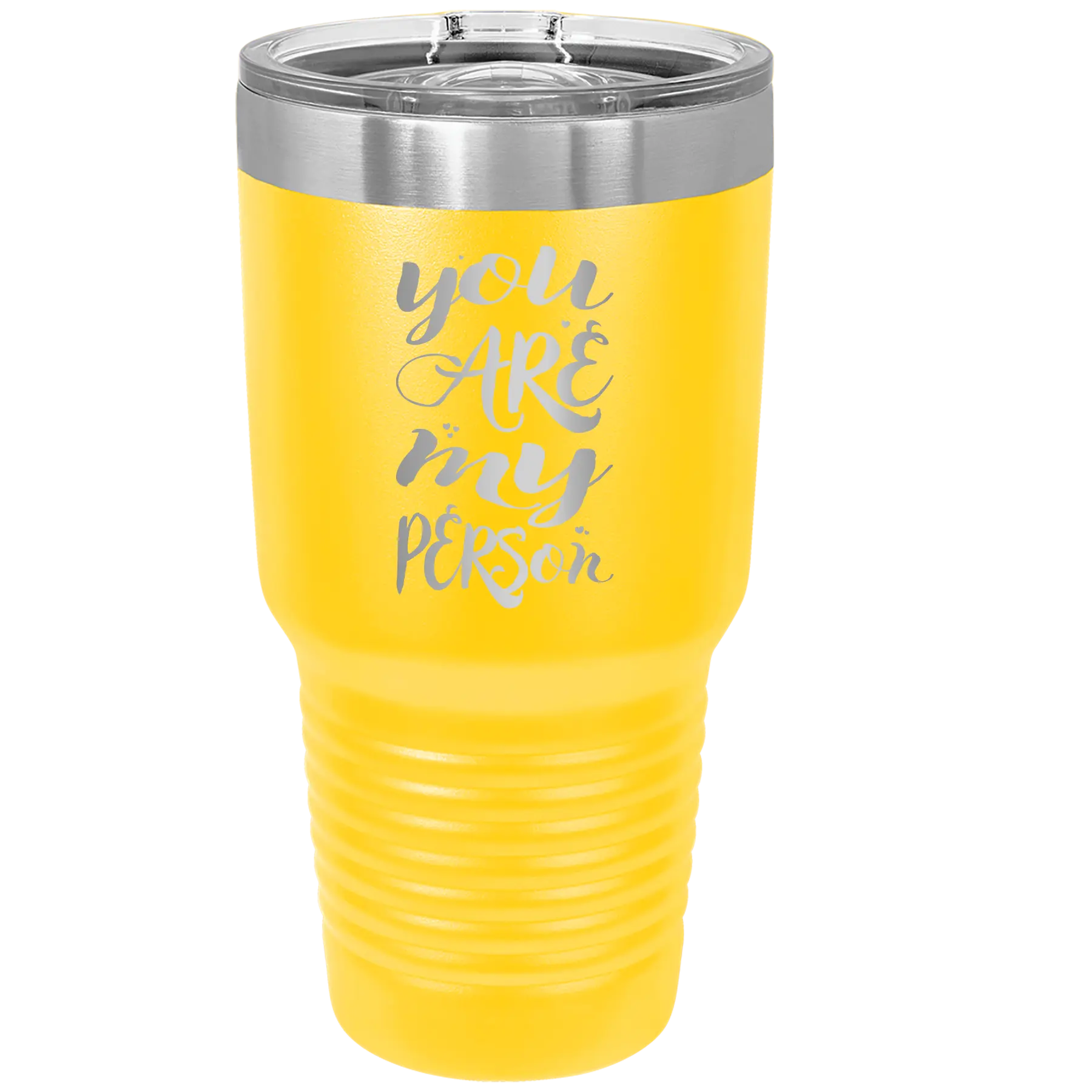 Laser etched yellow 30 oz vacuum insulated tumbler with 'You are my Person' design