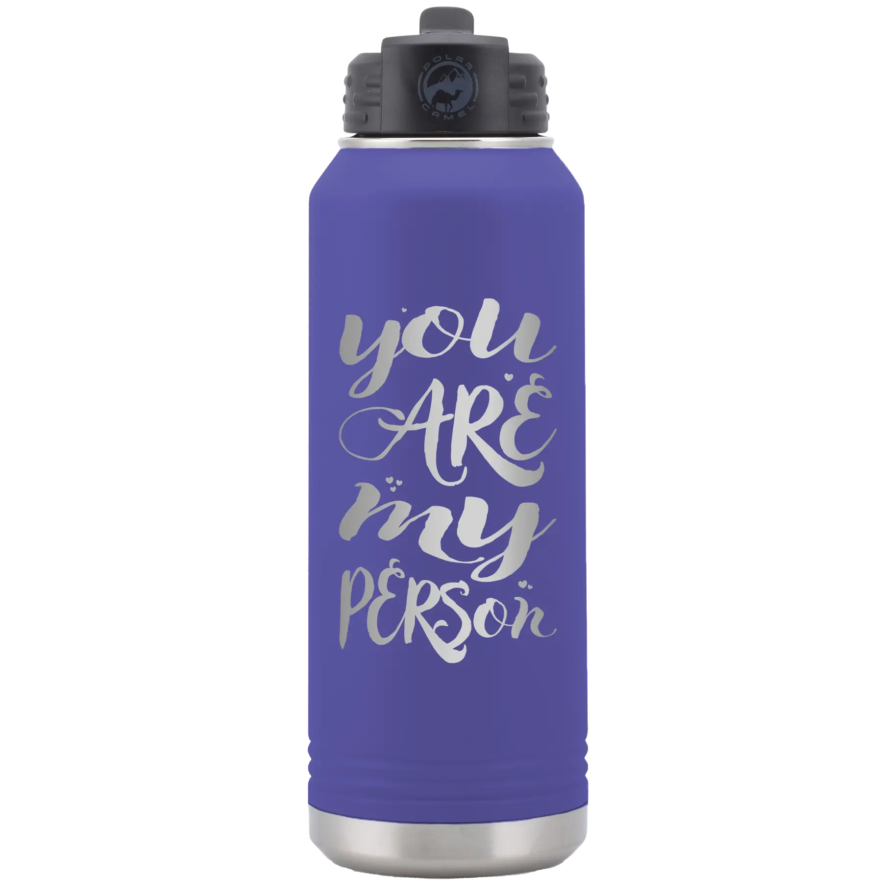 Laser etched purple 32 oz vacuum insulated water bottle with 'You are my Person' design