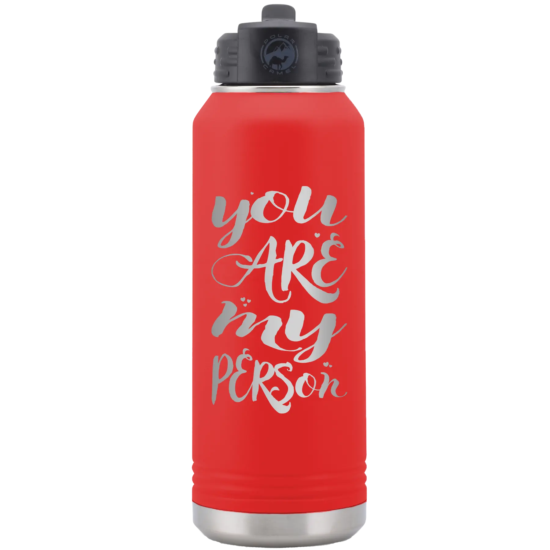Laser etched red 32 oz vacuum insulated water bottle with 'You are my Person' design