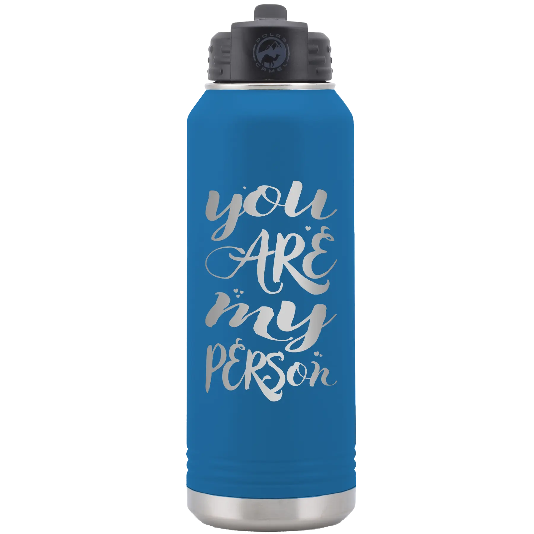 Laser etched royal blue 32 oz vacuum insulated water bottle with 'You are my Person' design