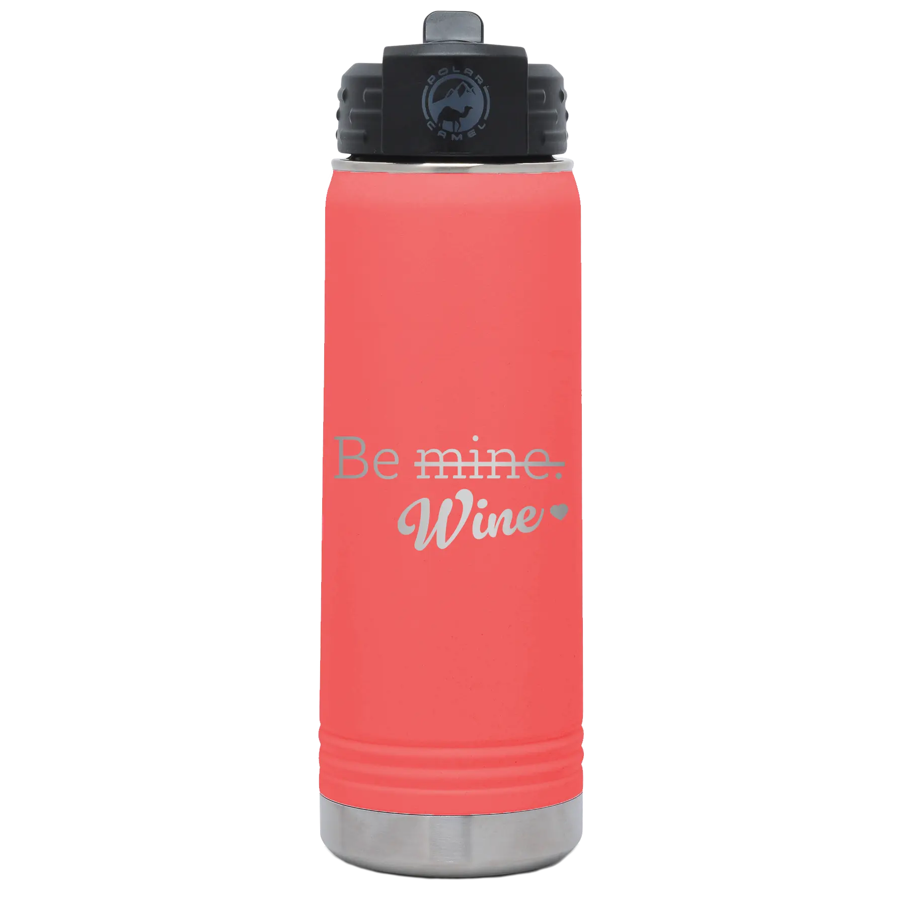 Laser etched coral 20 oz vacuum insulated water bottle with 'Be Wine' design