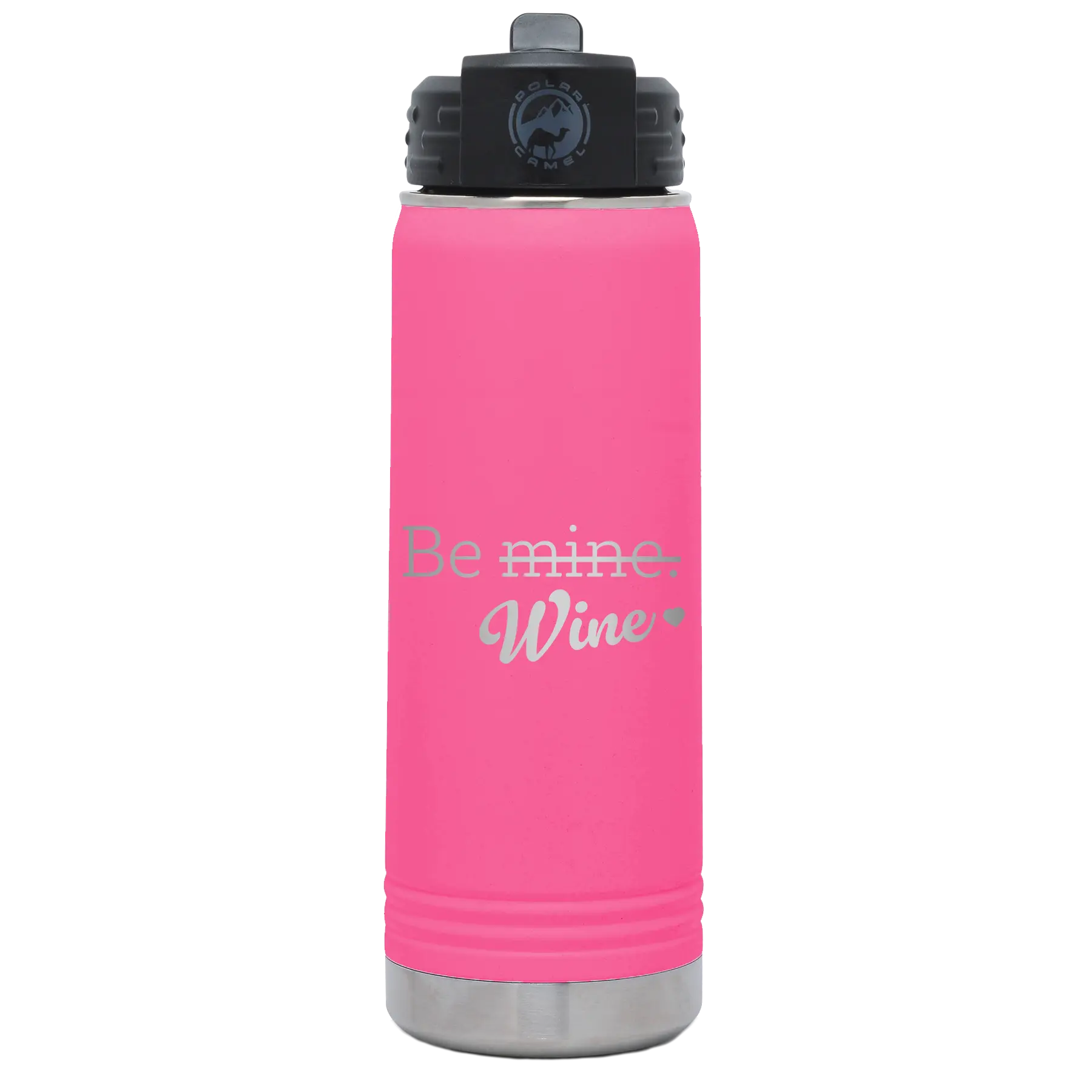 Laser etched pink 20 oz vacuum insulated water bottle with 'Be Wine' design