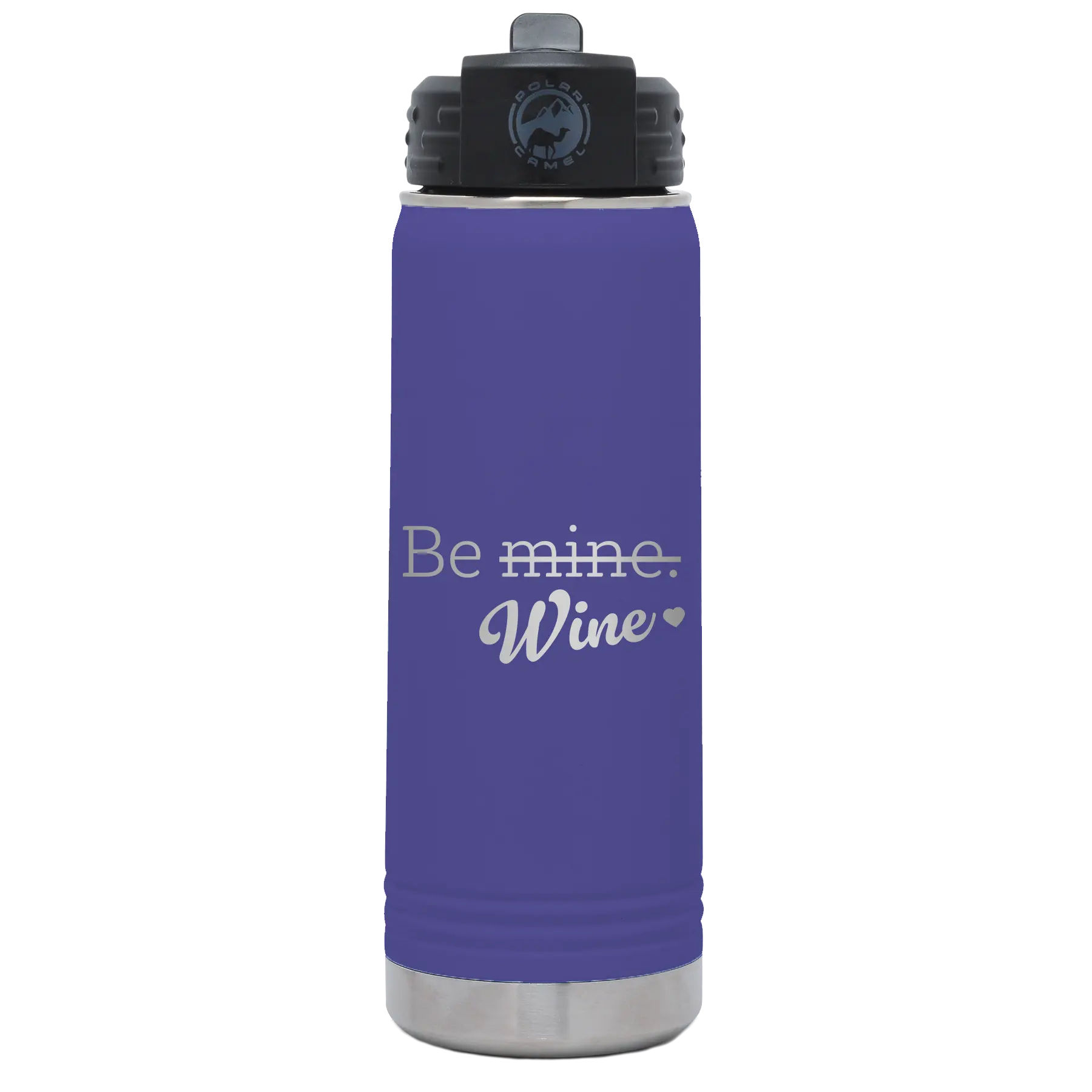 Laser etched purple 20 oz vacuum insulated water bottle with 'Be Wine' design