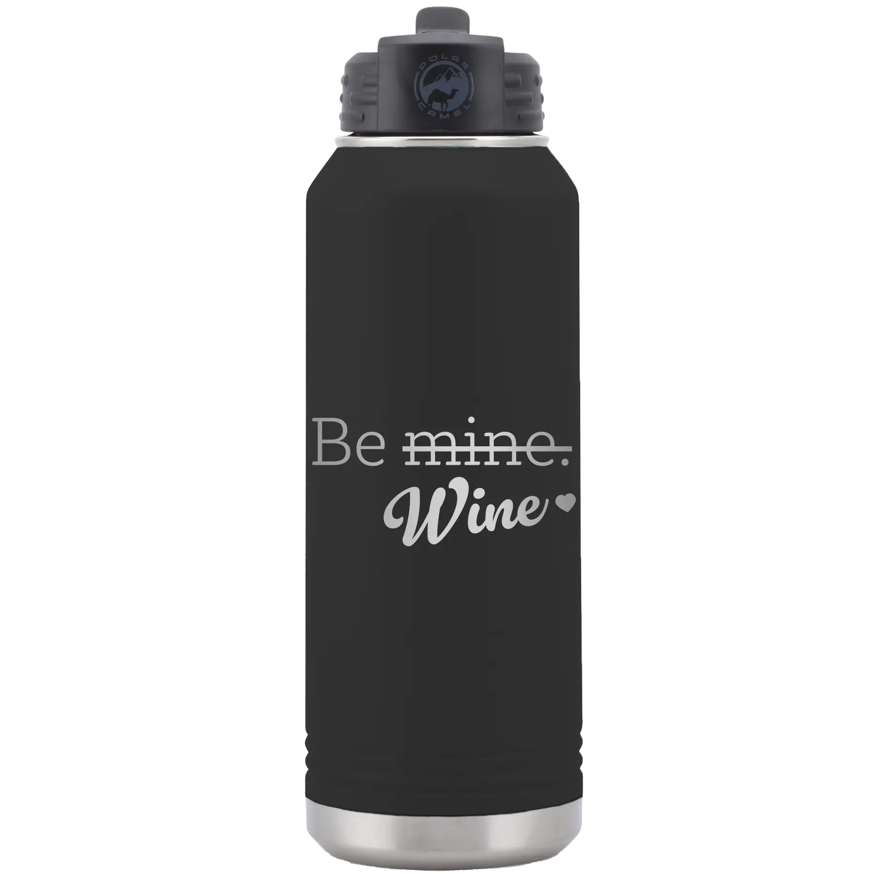 Laser etched black 32 oz vacuum insulated water bottle with 'Be Wine' design