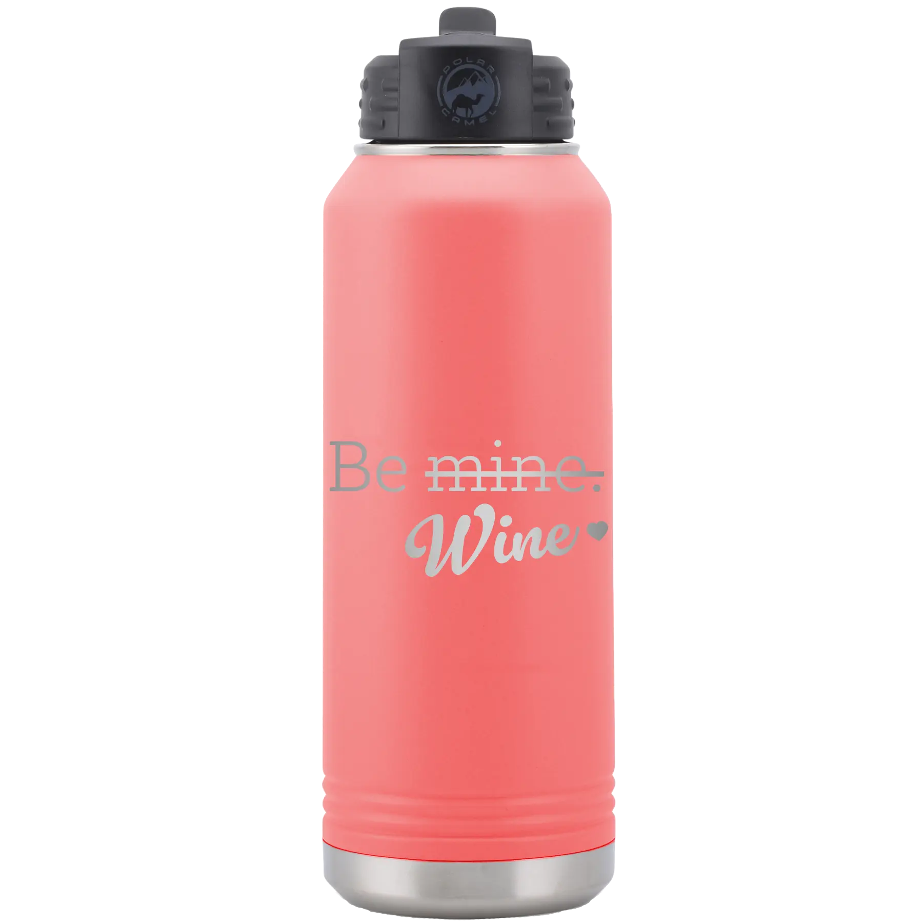 Laser etched coral 32 oz vacuum insulated water bottle with 'Be Wine' design