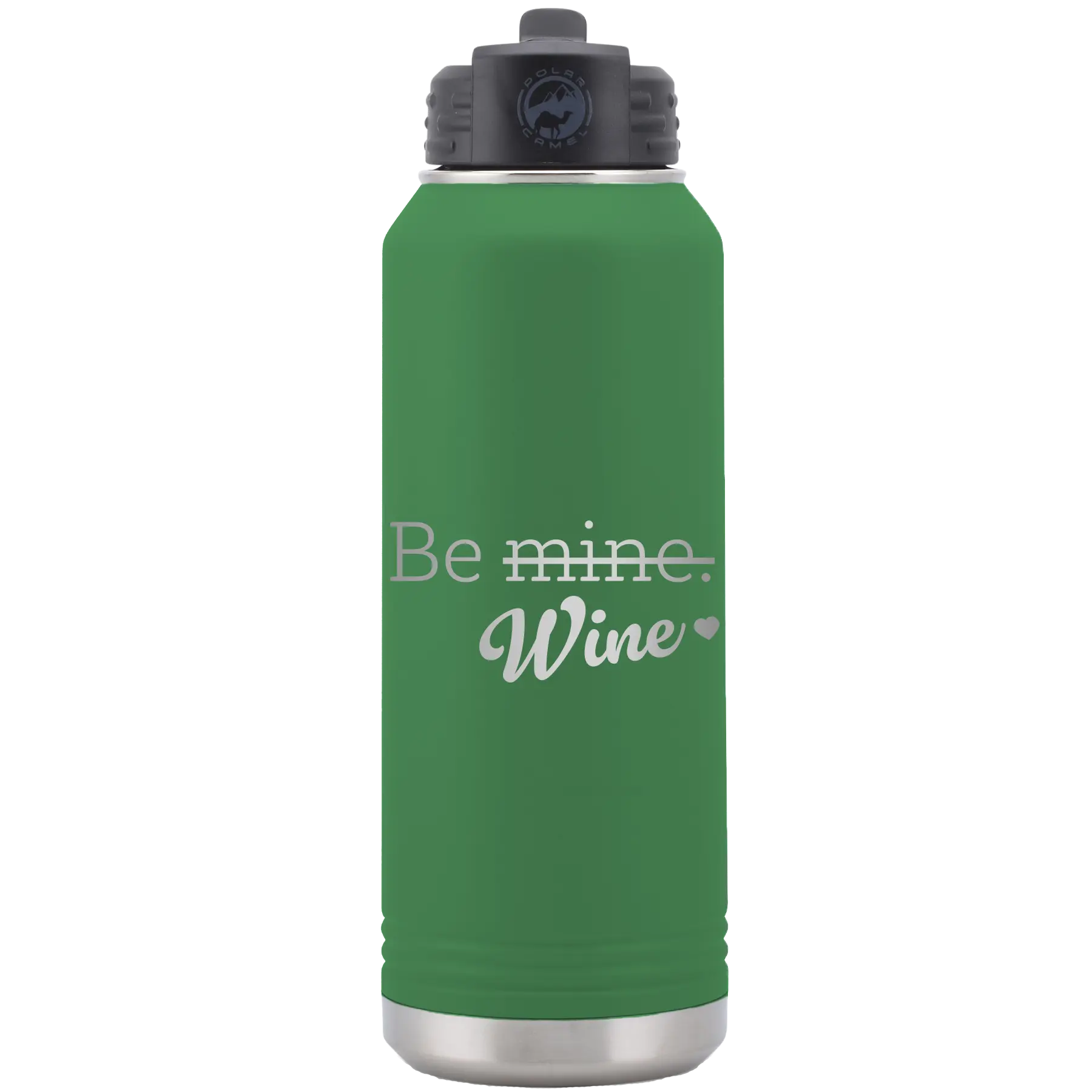Laser etched green 32 oz vacuum insulated water bottle with 'Be Wine' design