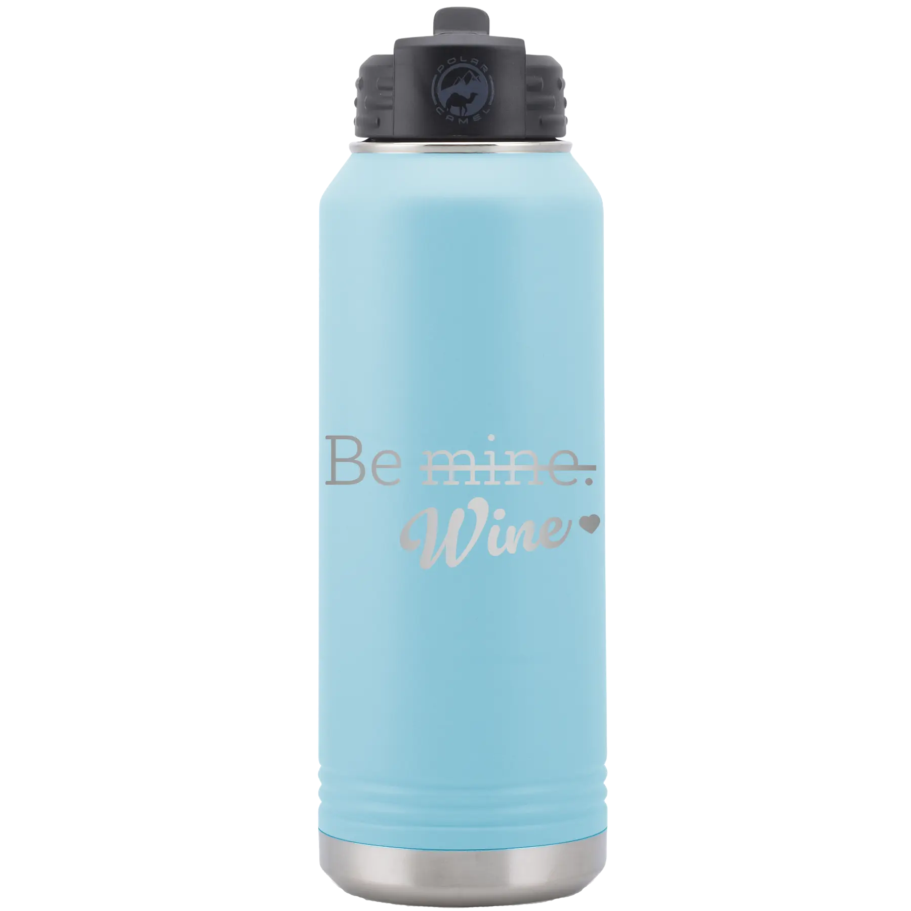 Laser etched light blue 32 oz vacuum insulated water bottle with 'Be Wine' design