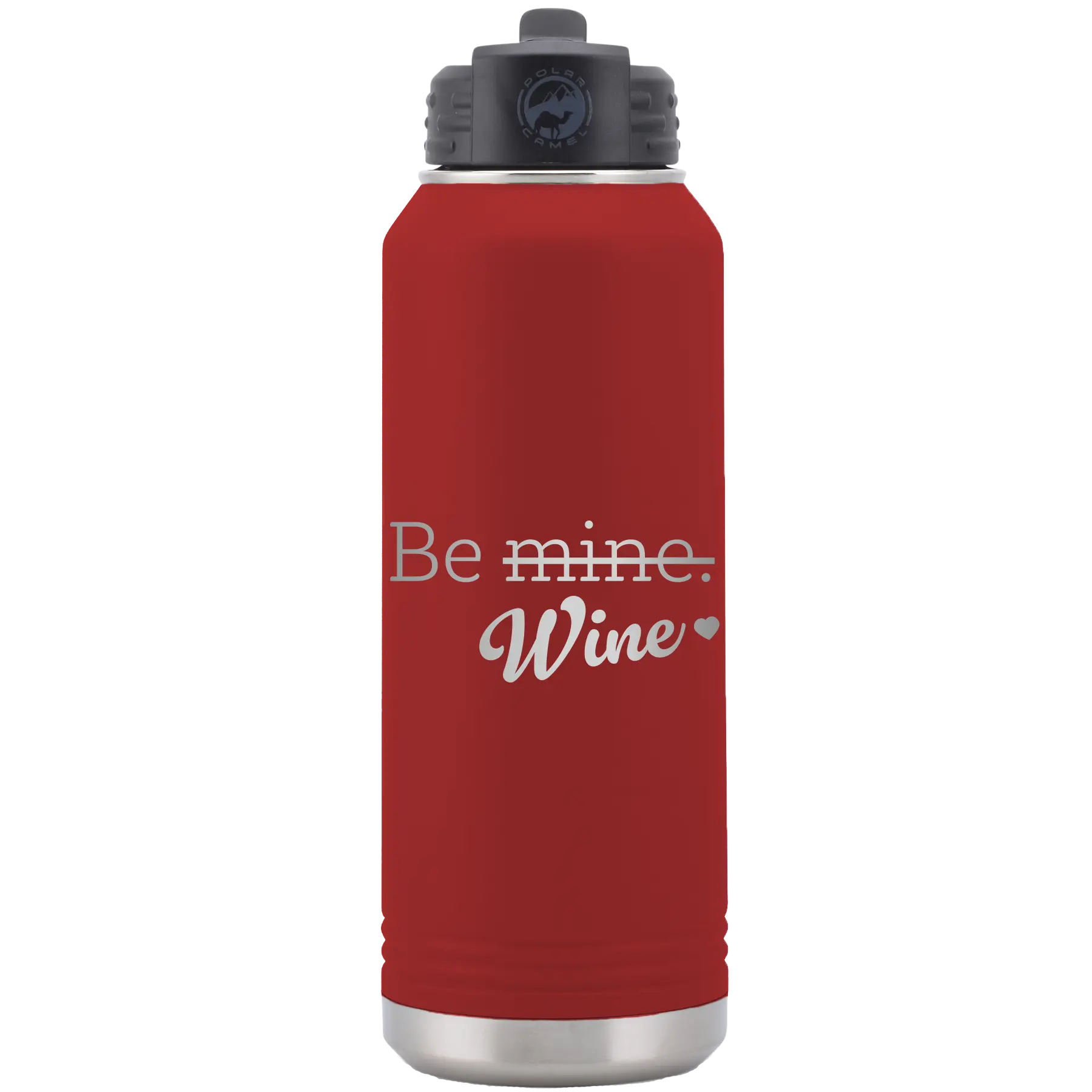 Laser etched maroon 32 oz vacuum insulated water bottle with 'Be Wine' design
