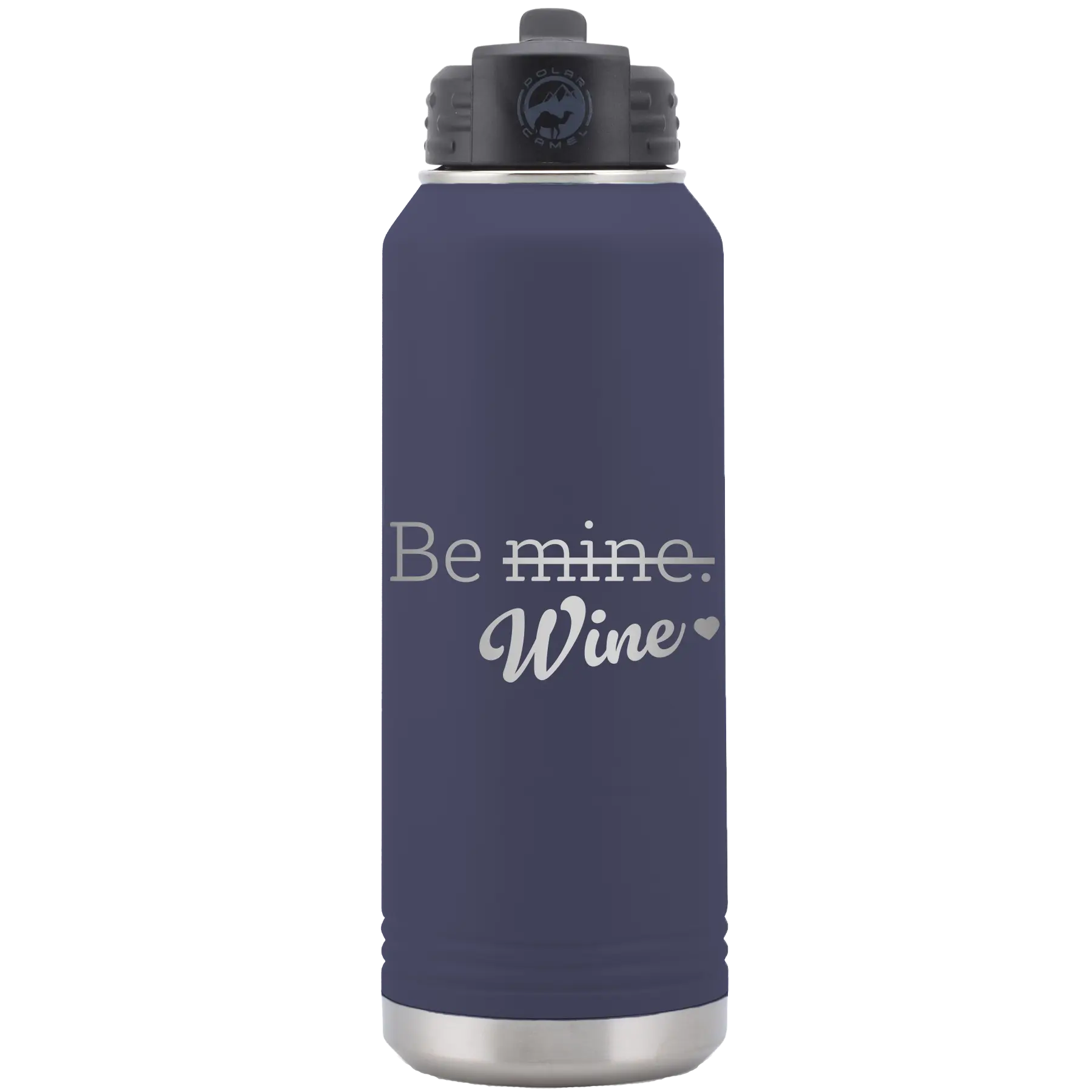 Laser etched navy 32 oz vacuum insulated water bottle with 'Be Wine' design