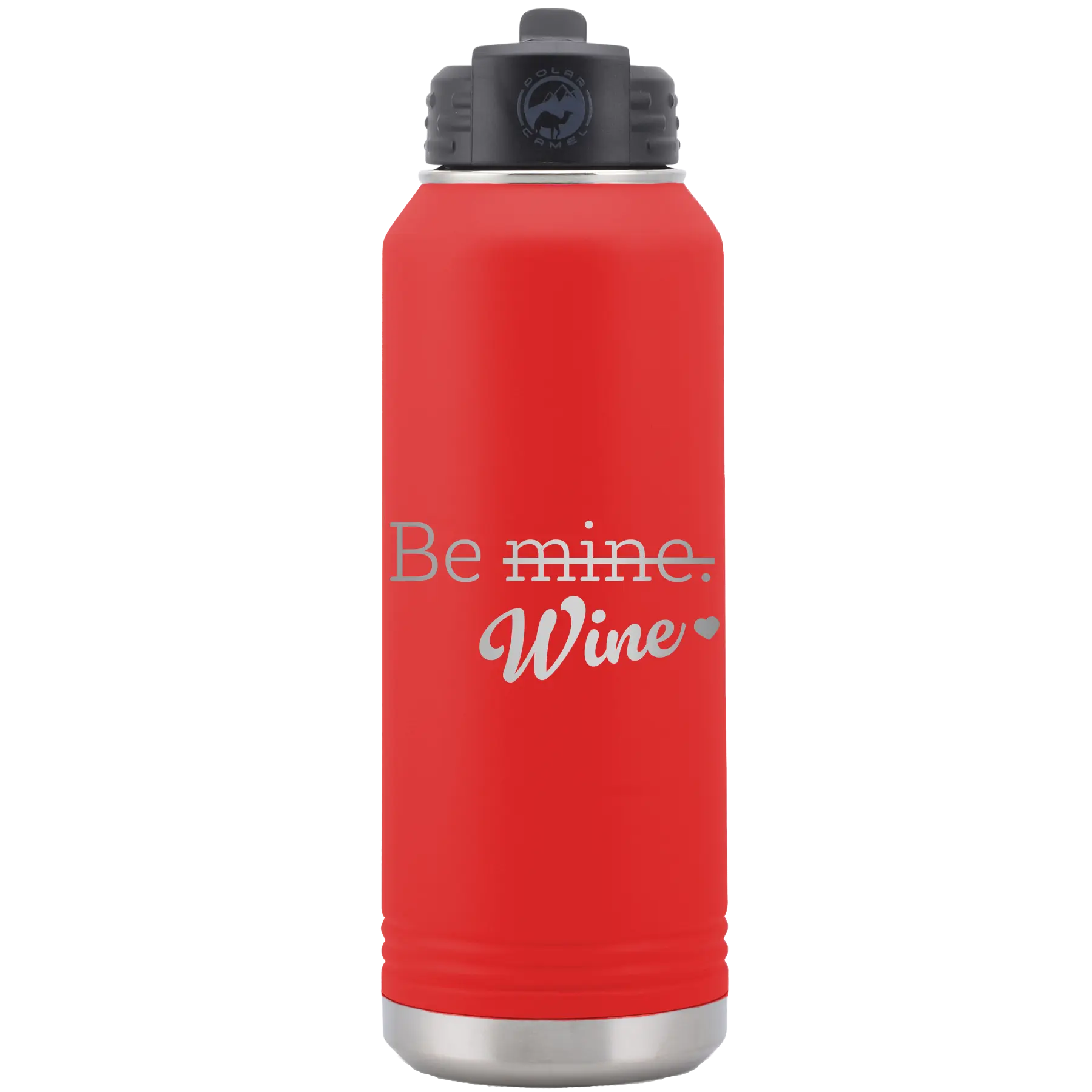 Laser etched red 32 oz vacuum insulated water bottle with 'Be Wine' design
