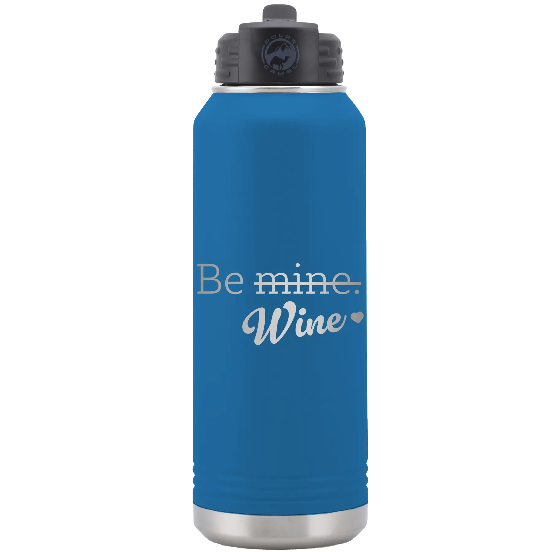 Laser etched royal blue 32 oz vacuum insulated water bottle with 'Be Wine' design