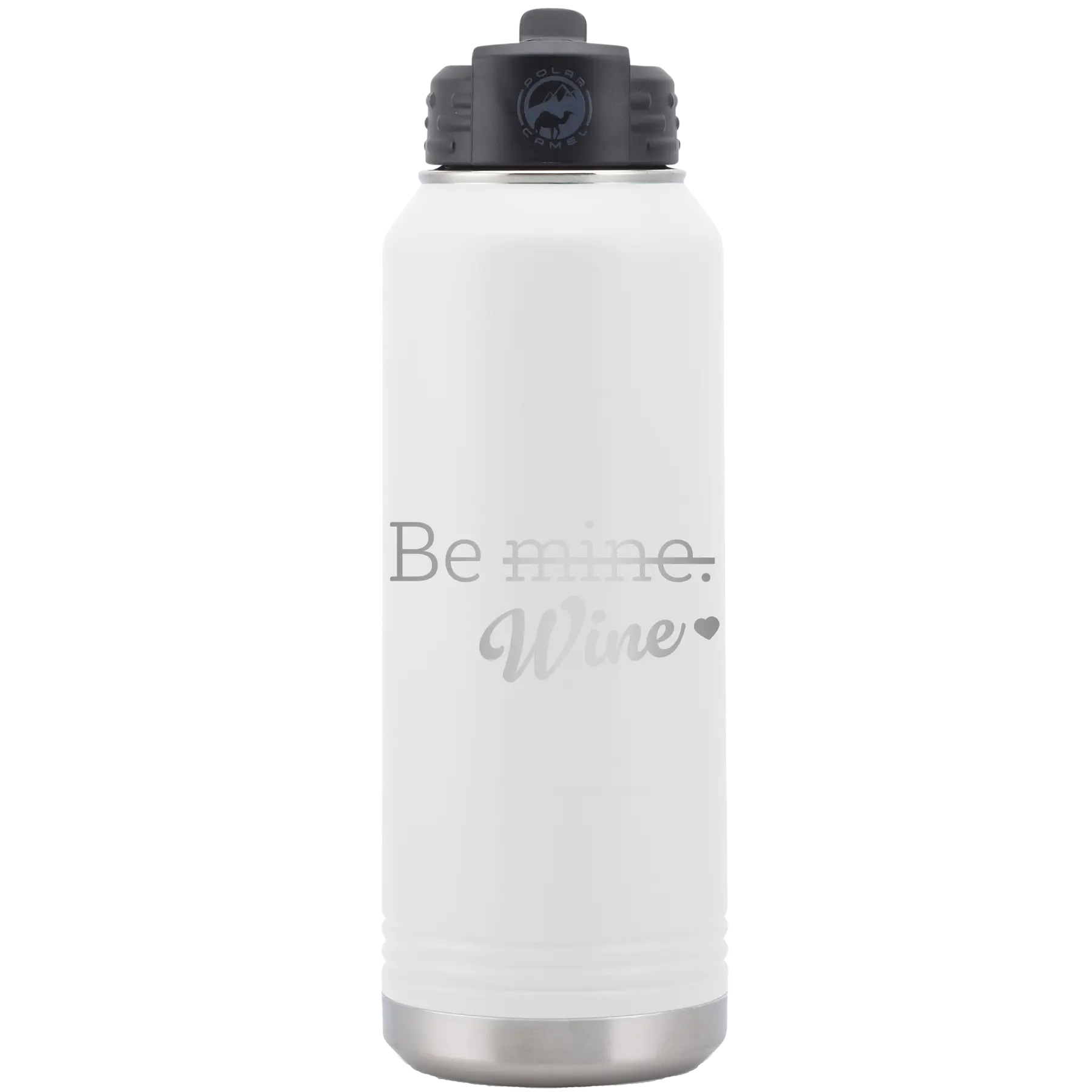 Laser etched white 32 oz vacuum insulated water bottle with 'Be Wine' design