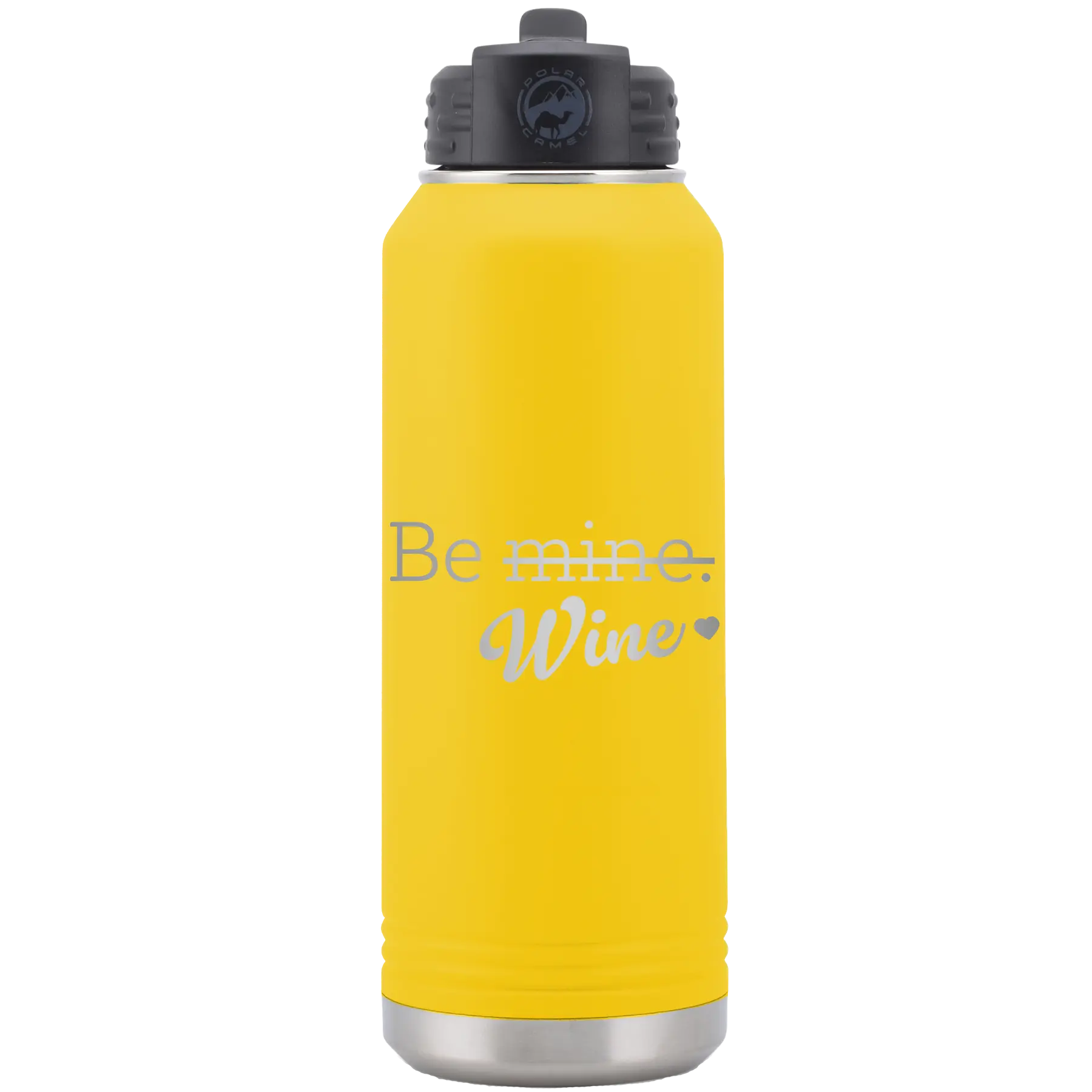 Laser etched yellow 32 oz vacuum insulated water bottle with 'Be Wine' design