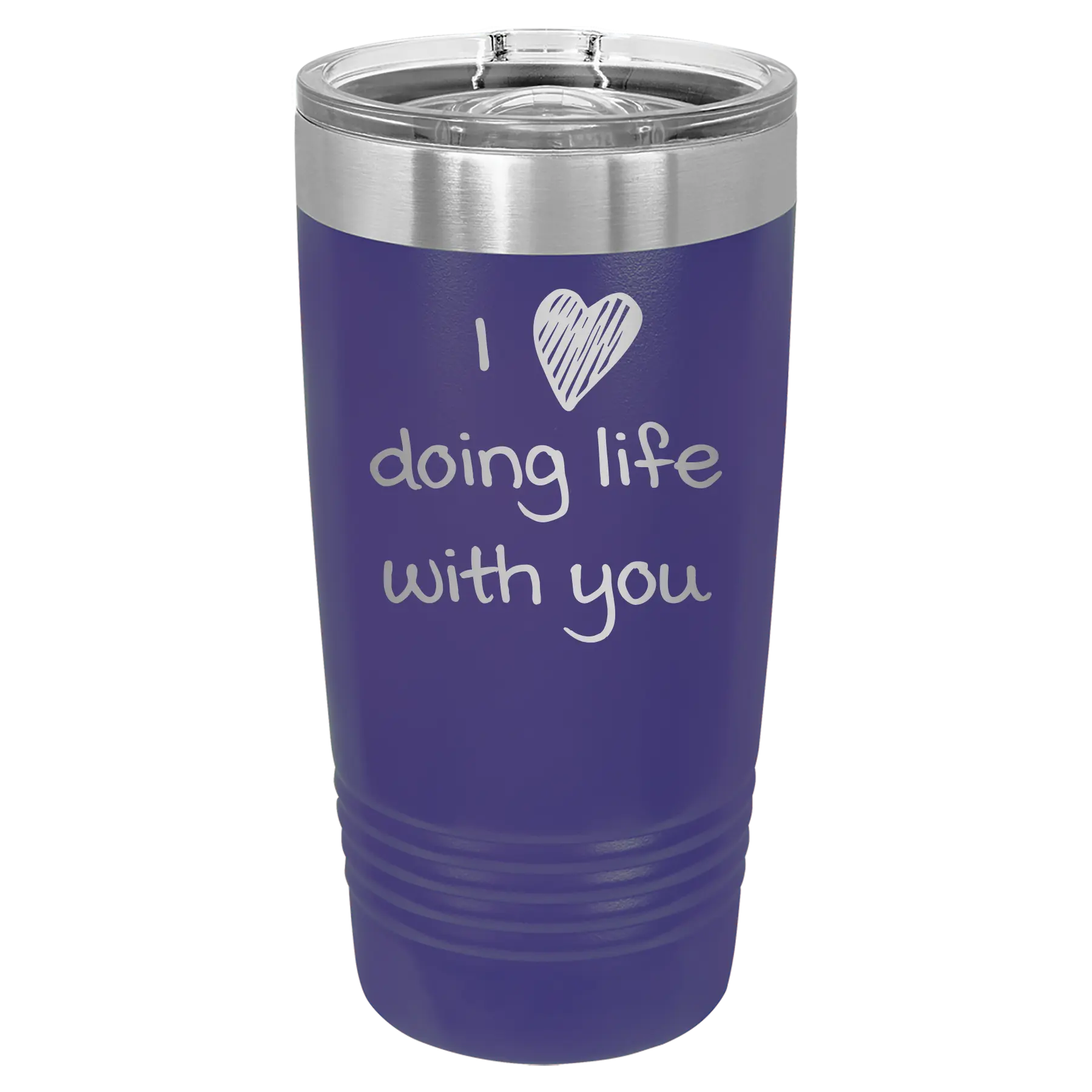 Laser etched purple 20 oz vacuum insulated tumbler with 'I Love Doing Life With You' design
