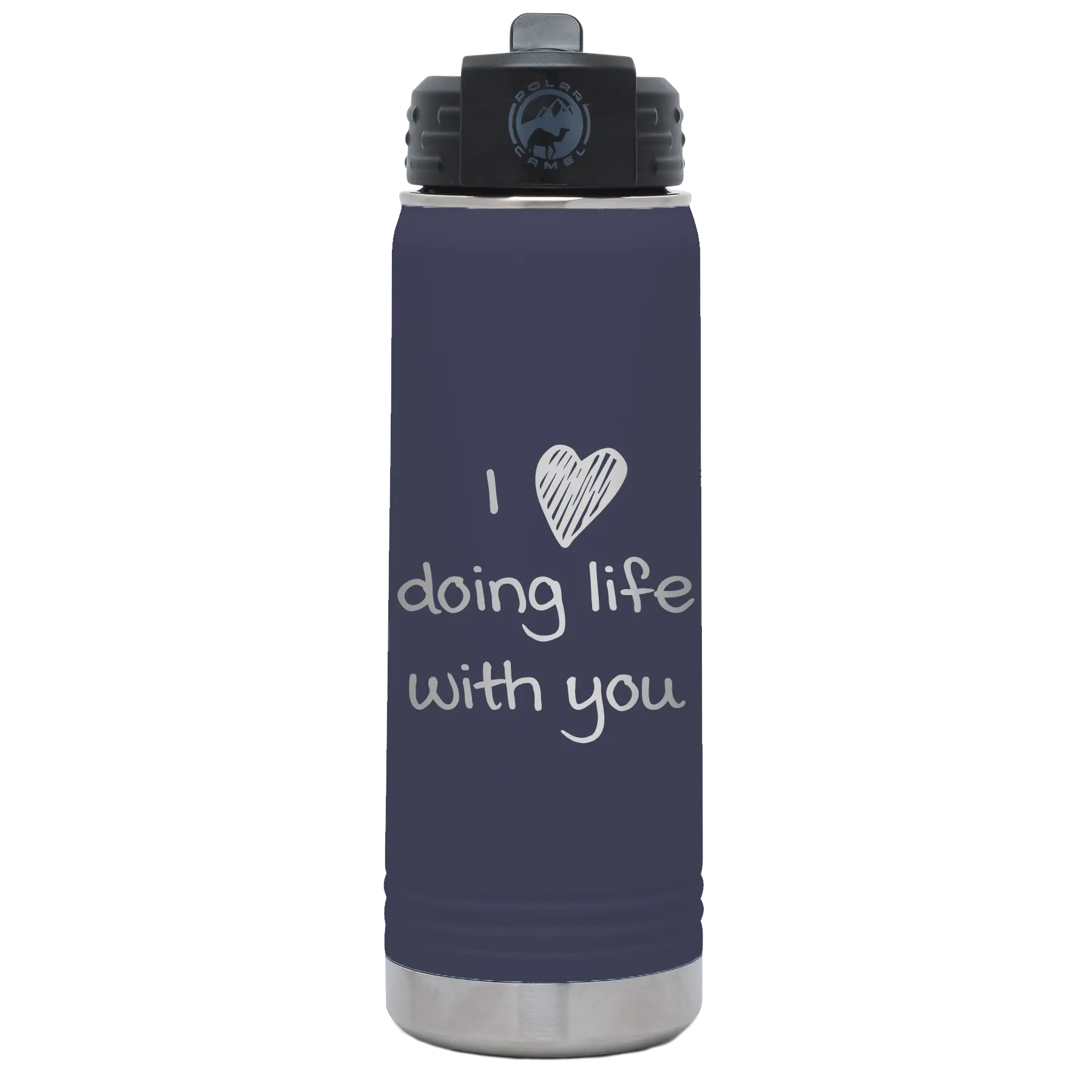 Laser etched navy 20 oz vacuum insulated water bottle with 'I Love Doing Life With You' design