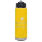 Laser etched yellow 20 oz vacuum insulated water bottle with 'I Love Doing Life With You' design