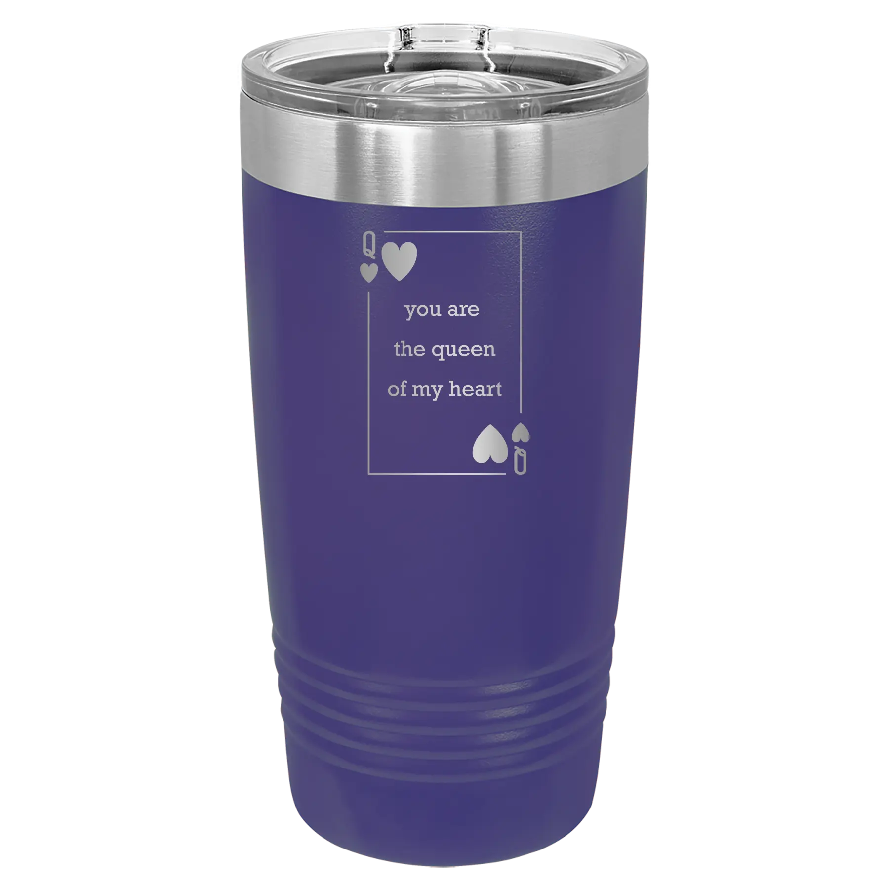 Laser etched purple 20 oz vacuum insulated tumbler with 'You Are the Queen of My Heart' design