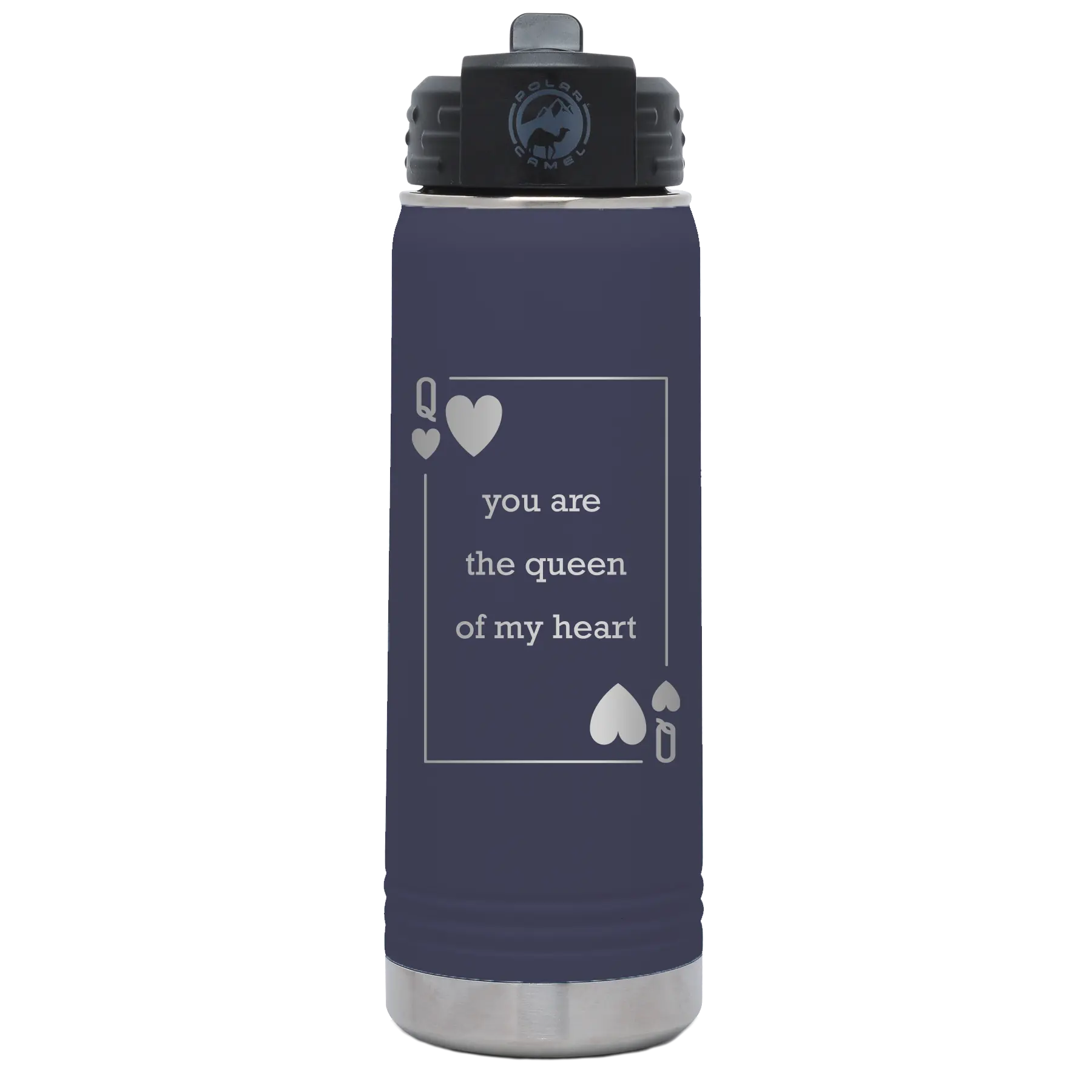 Laser etched navy 20 oz vacuum insulated water bottle with 'You Are the Queen of My Heart' design