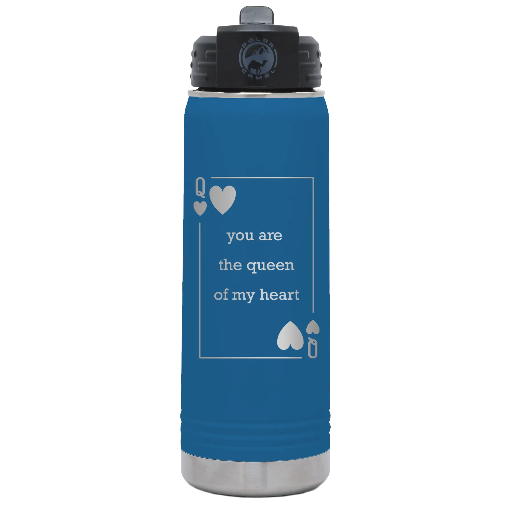 Laser etched royal blue 20 oz vacuum insulated water bottle with 'You Are the Queen of My Heart' design