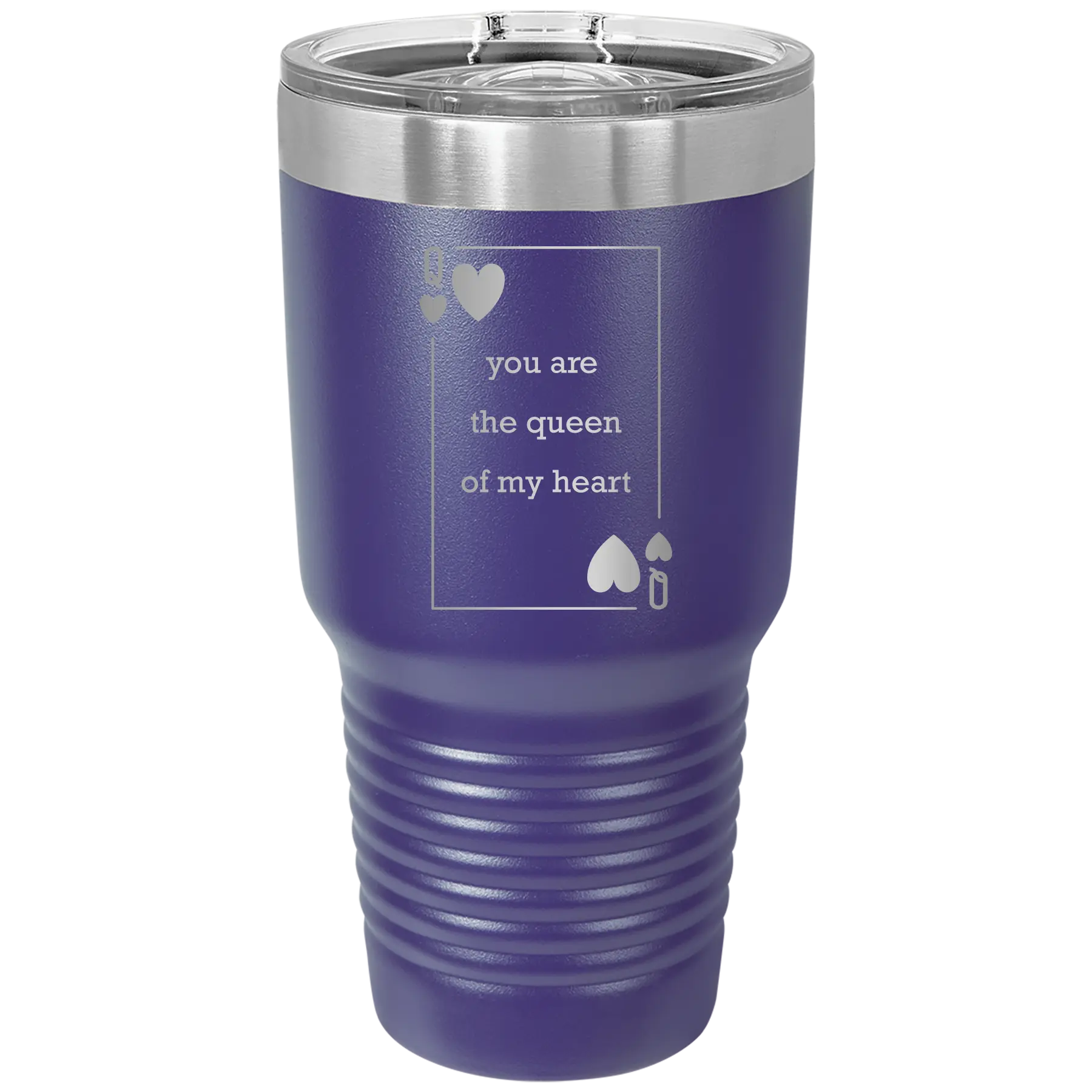 Laser etched purple 30 oz vacuum insulated tumbler with 'You Are the Queen of My Heart' design