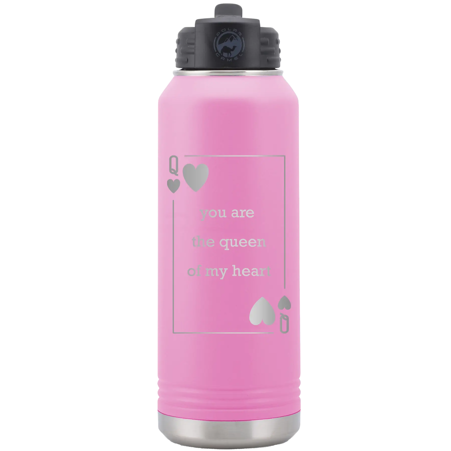 Laser etched light purple 32 oz vacuum insulated water bottle with 'You Are the Queen of My Heart' design