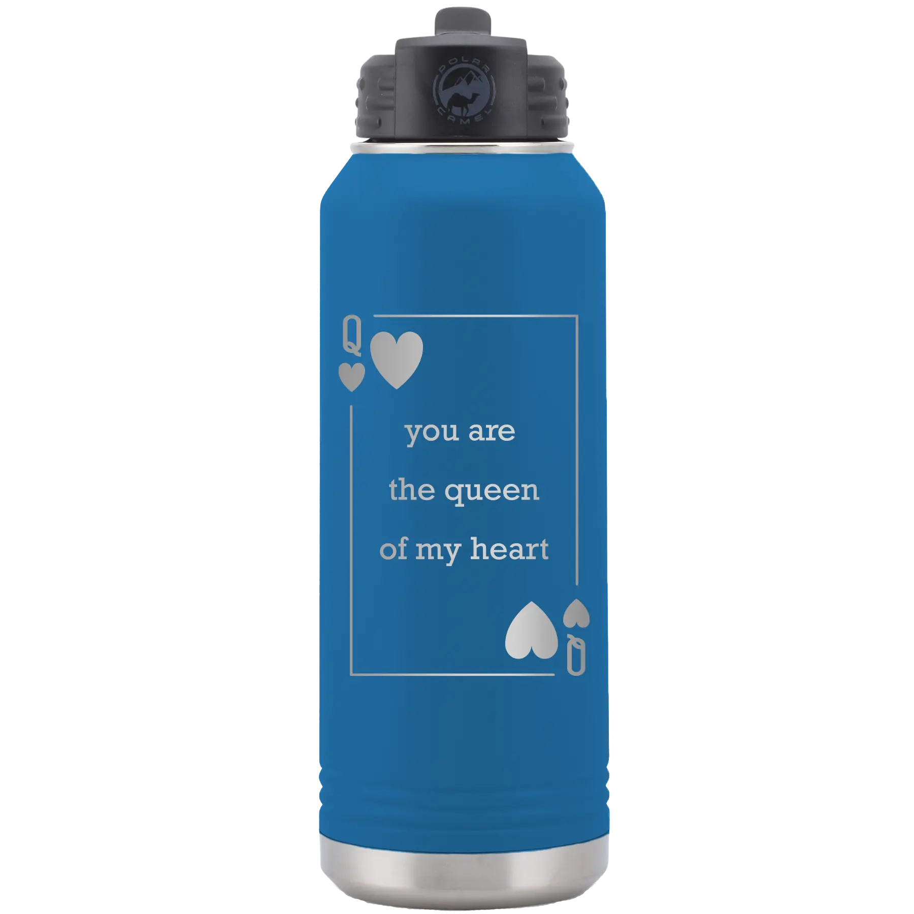 Laser etched royal blue 32 oz vacuum insulated water bottle with 'You Are the Queen of My Heart' design