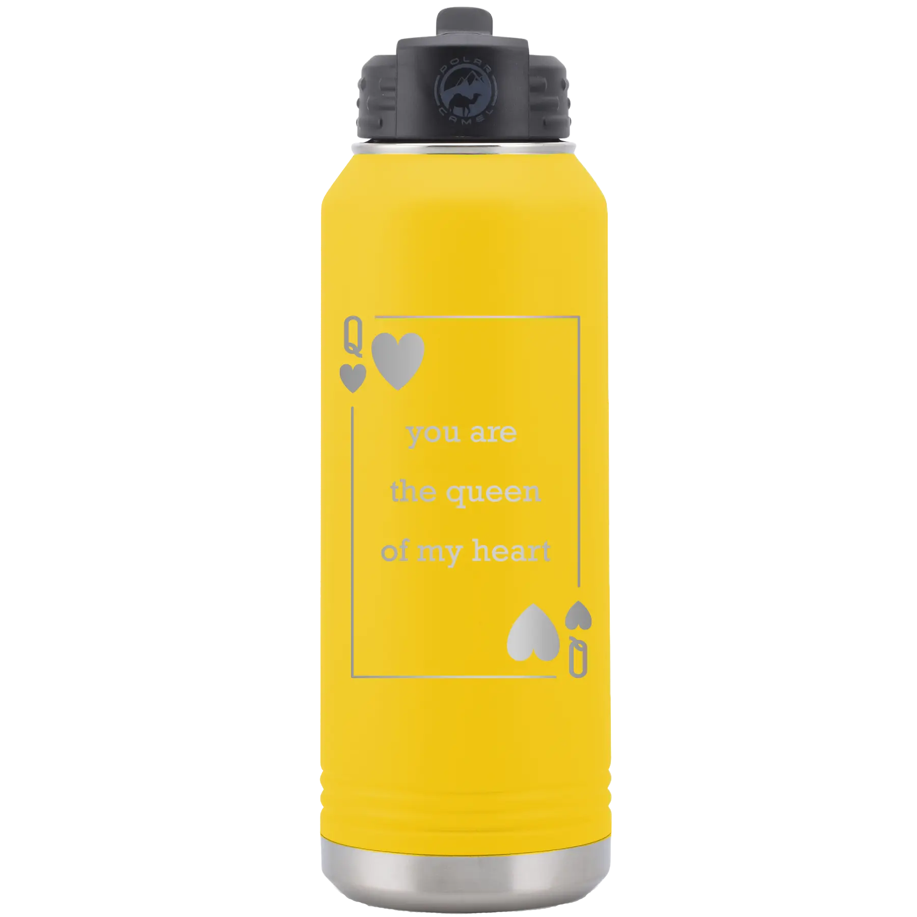 Laser etched yellow 32 oz vacuum insulated water bottle with 'You Are the Queen of My Heart' design