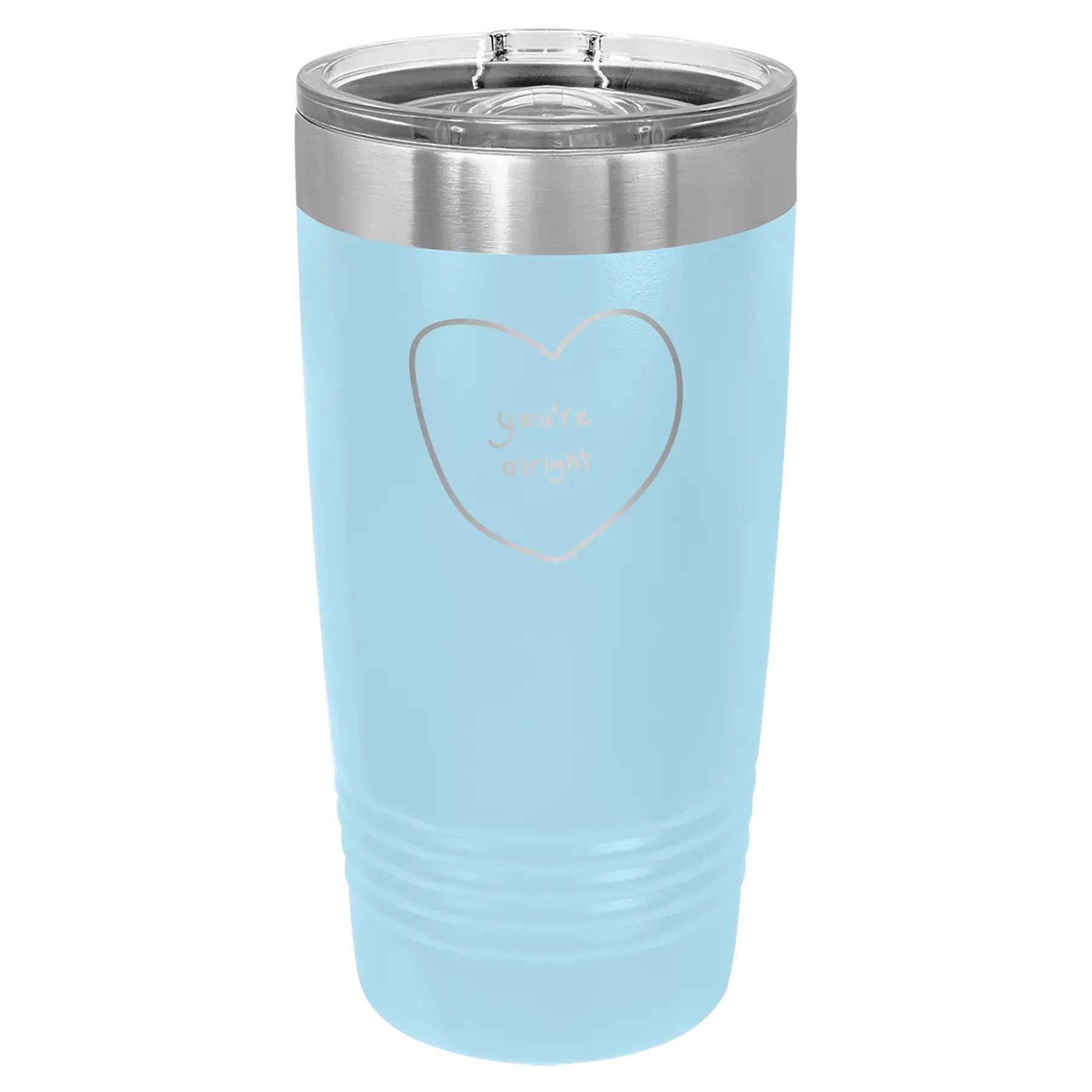 Laser etched light blue 20 oz vacuum insulated tumbler with 'Hand Drawn You're Alright' design