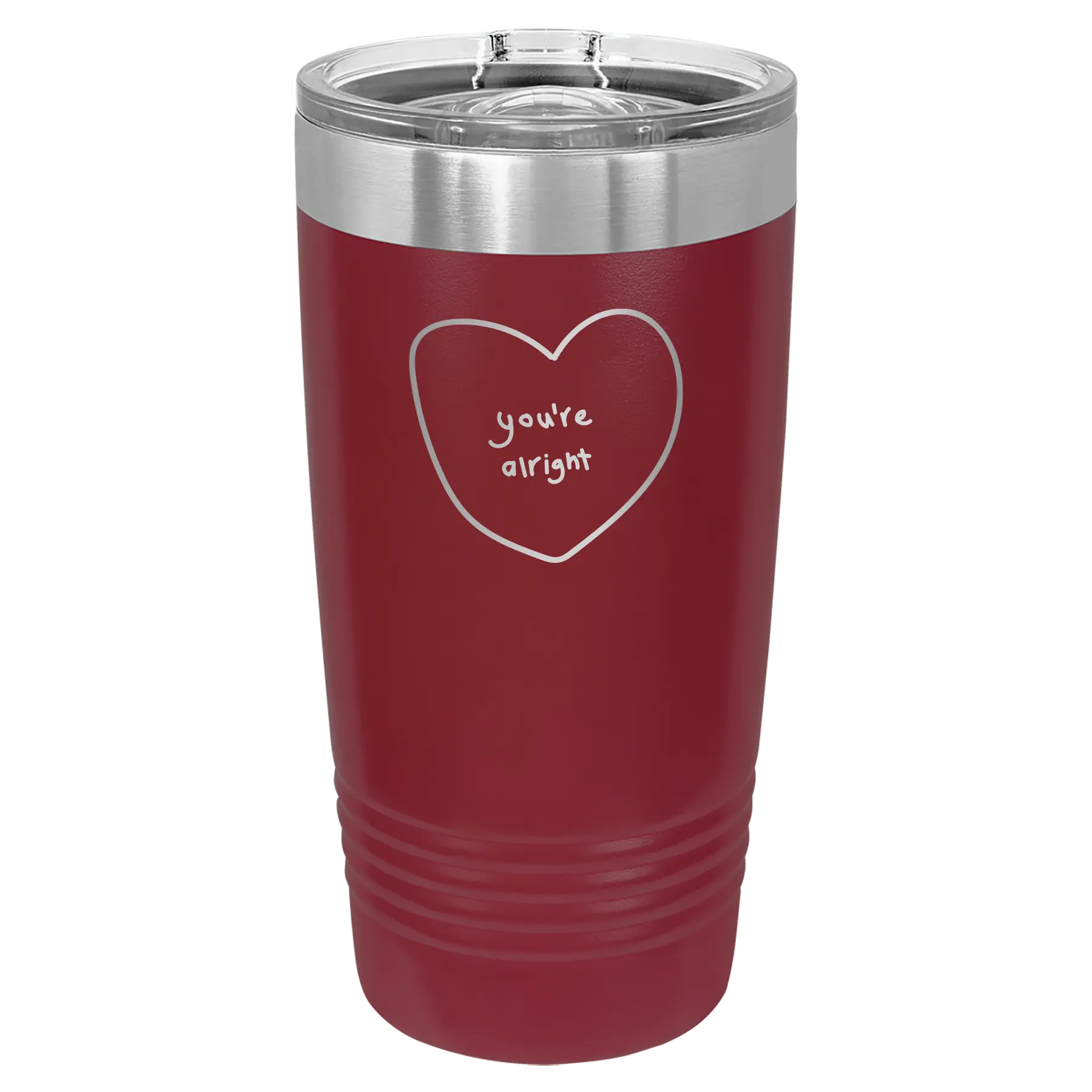 Laser etched maroon 20 oz vacuum insulated tumbler with 'Hand Drawn You're Alright' design
