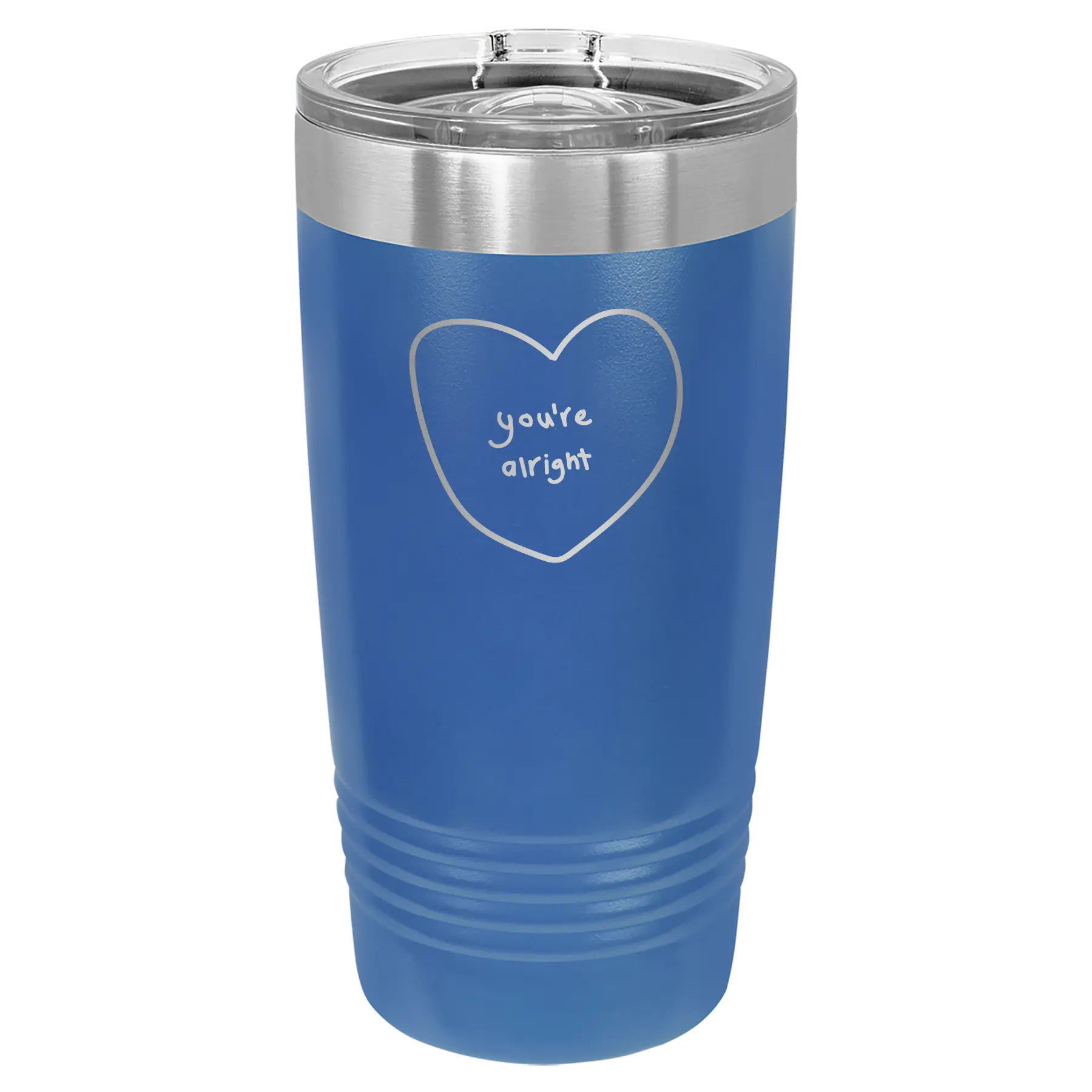 Laser etched royal blue 20 oz vacuum insulated tumbler with 'Hand Drawn You're Alright' design