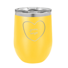 Laser etched yellow 12 oz vacuum insulated wine cup with 'Hand Drawn You're Alright' design