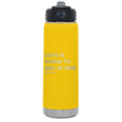 Laser etched yellow 20 oz vacuum insulated water bottle with 'Love is Going to Bed at 9pm' design