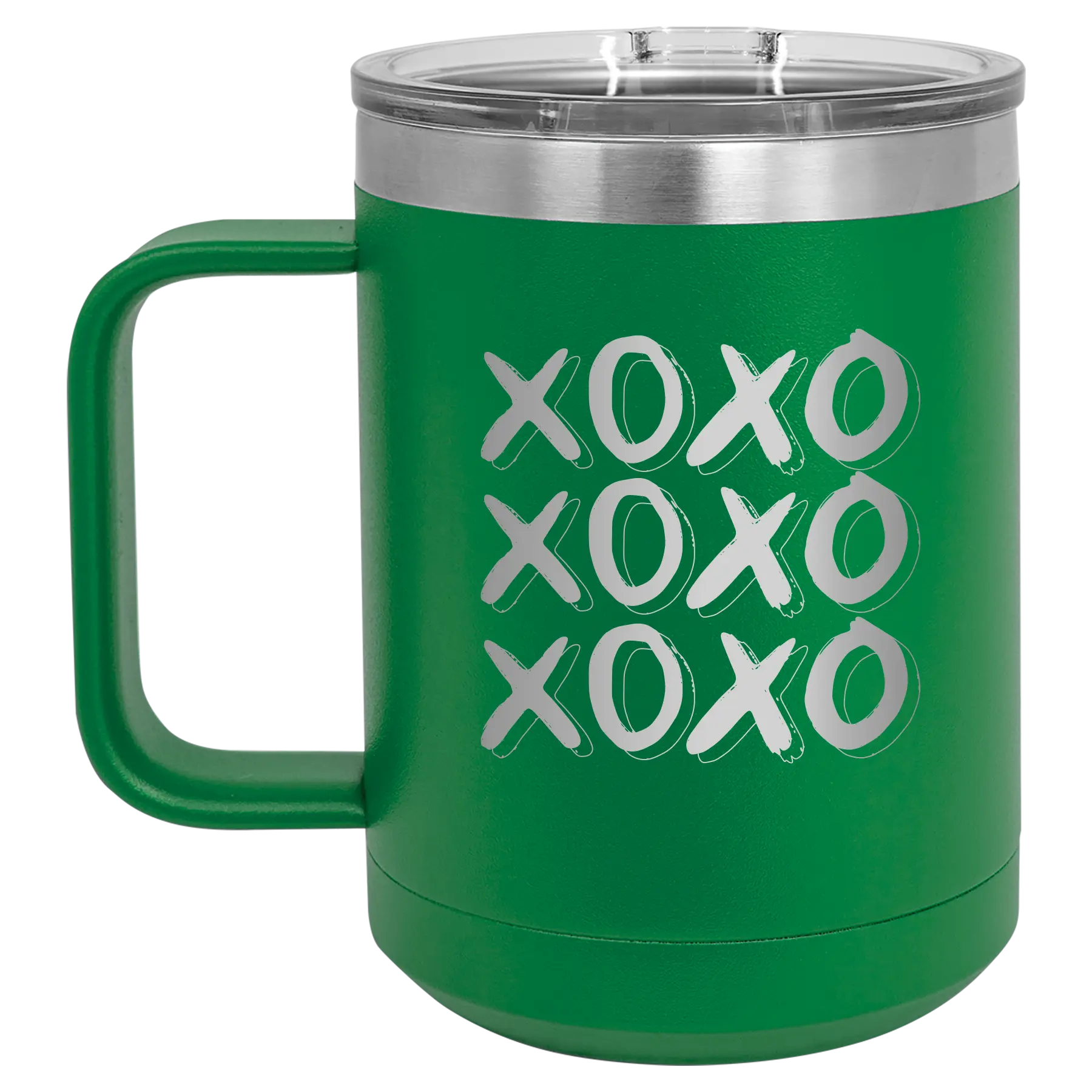 Laser etched green 15 oz vacuum insulated coffee mug with 'XOXO x3' design